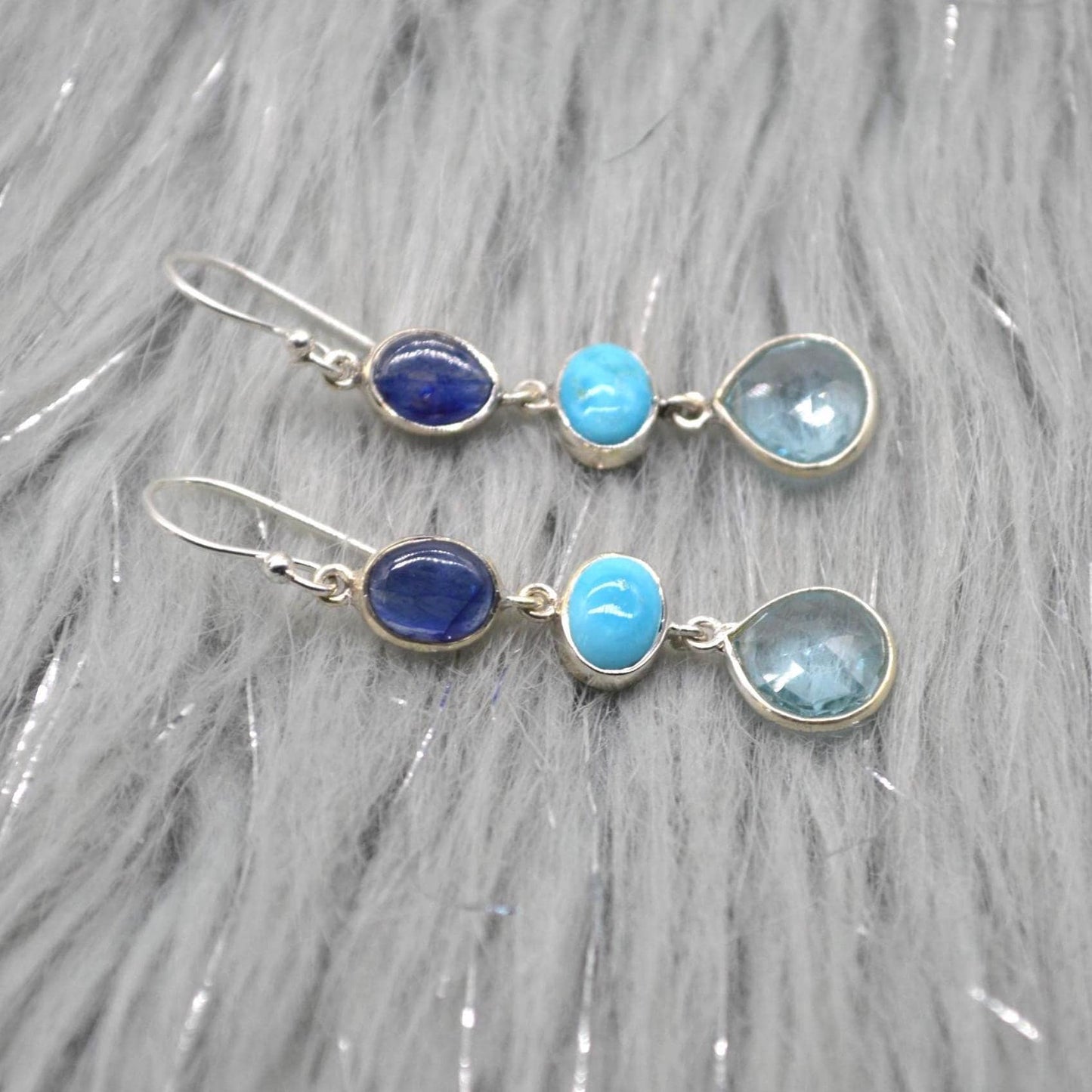 Blue Topaz, Turquoise, Sapphire Earrings: Sterling Silver, September Decemer Birthstone Jewelry