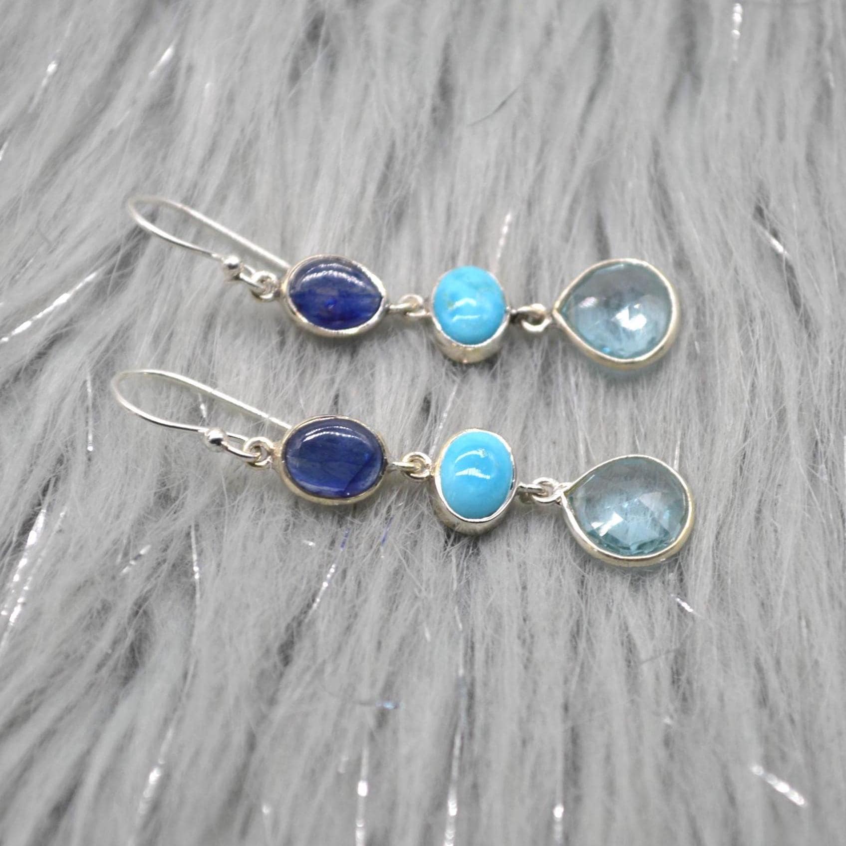 Blue Topaz, Turquoise, Sapphire Earrings: Sterling Silver, September Decemer Birthstone Jewelry