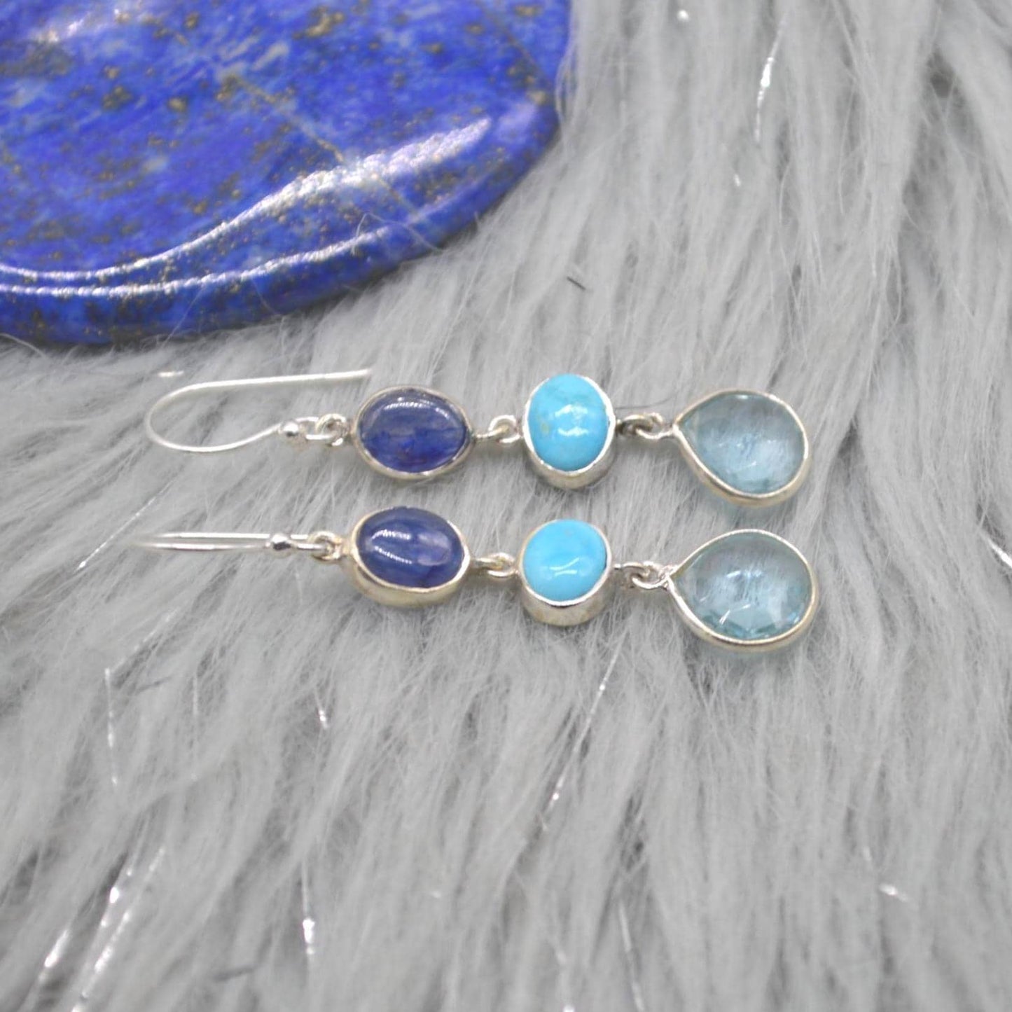 Blue Topaz, Turquoise, Sapphire Earrings: Sterling Silver, September Decemer Birthstone Jewelry