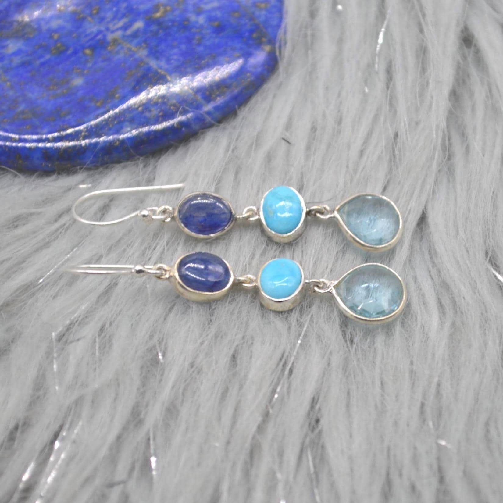 Blue Topaz, Turquoise, Sapphire Earrings: Sterling Silver, September Decemer Birthstone Jewelry