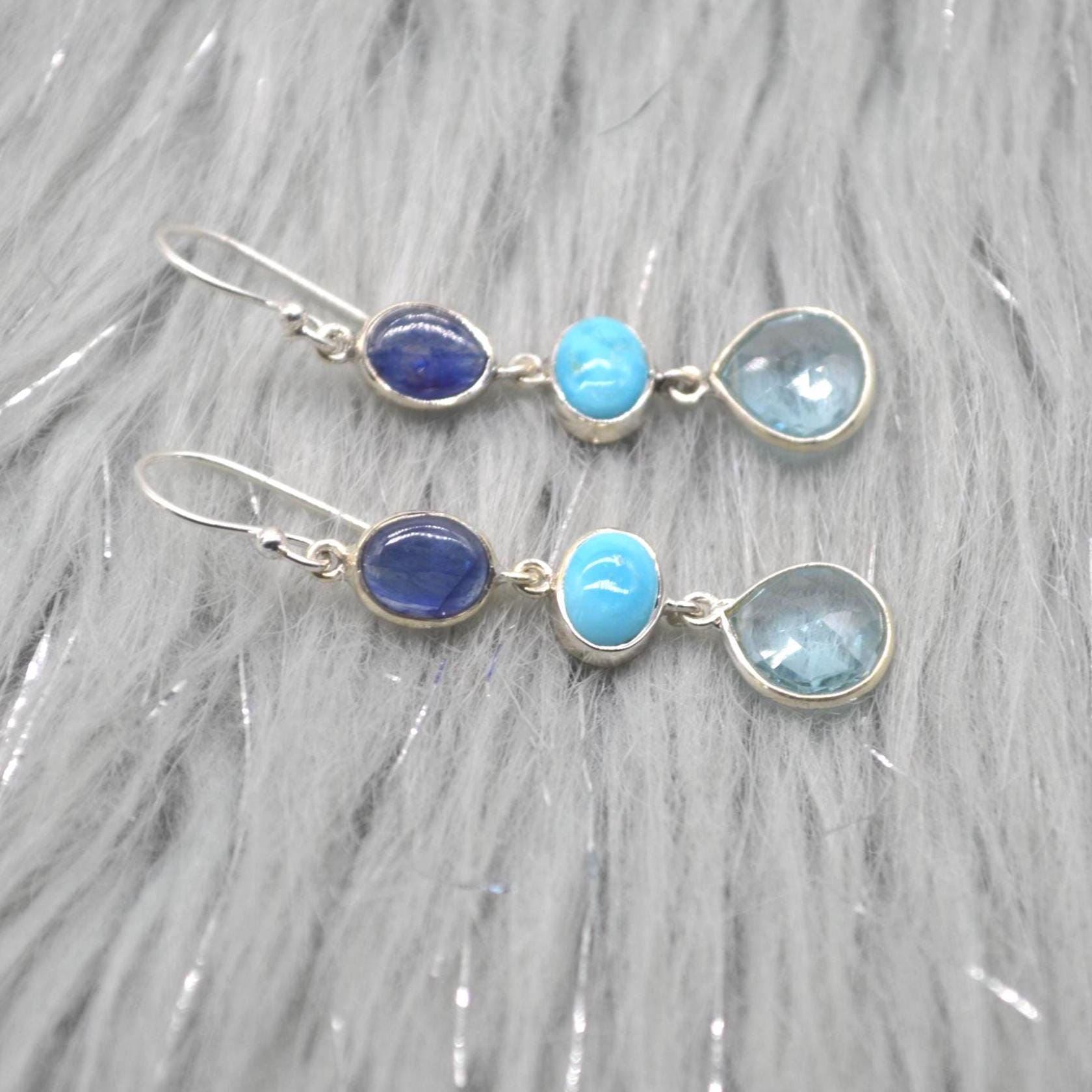 Blue Topaz, Turquoise, Sapphire Earrings: Sterling Silver, September Decemer Birthstone Jewelry