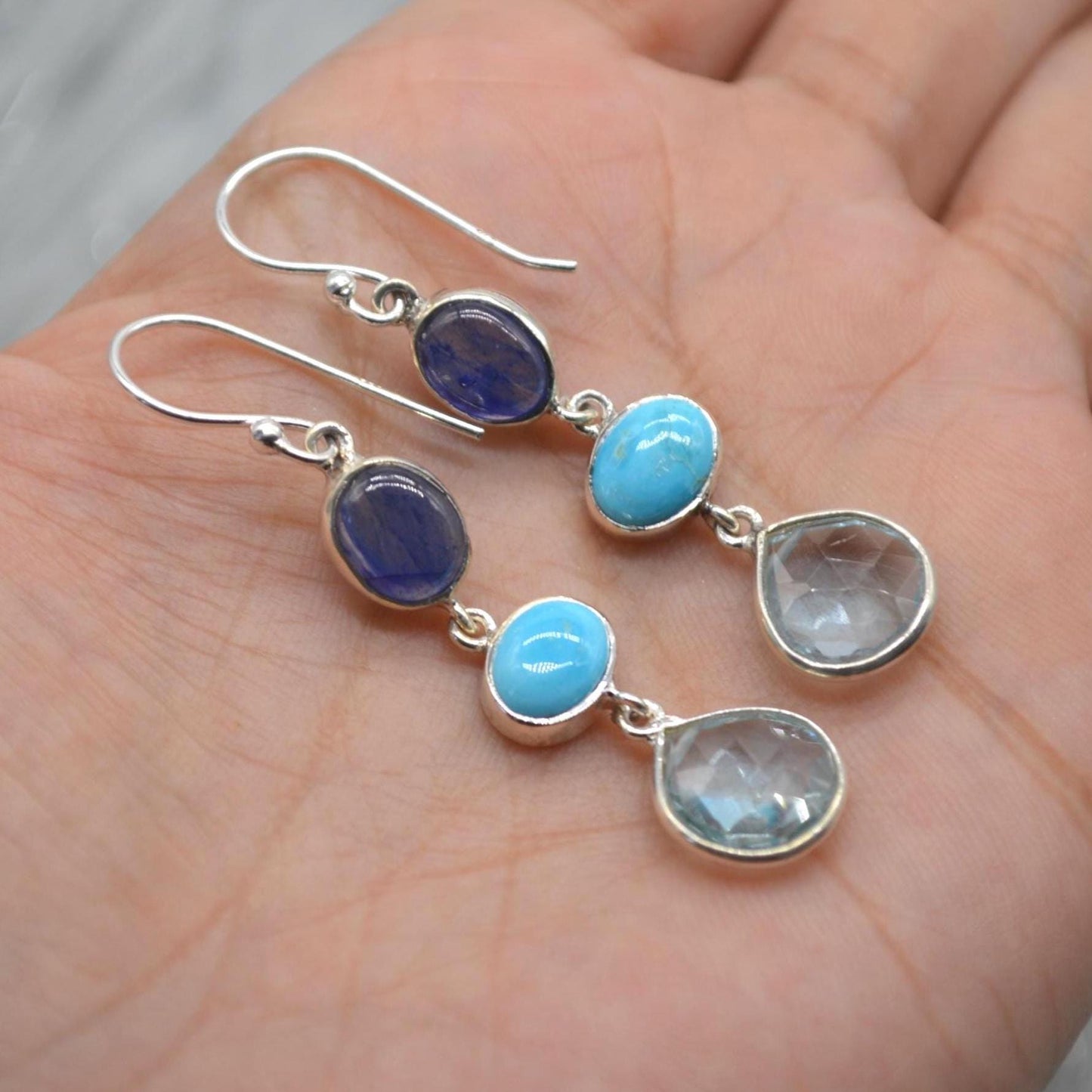 Blue Topaz, Turquoise, Sapphire Earrings: Sterling Silver, September Decemer Birthstone Jewelry