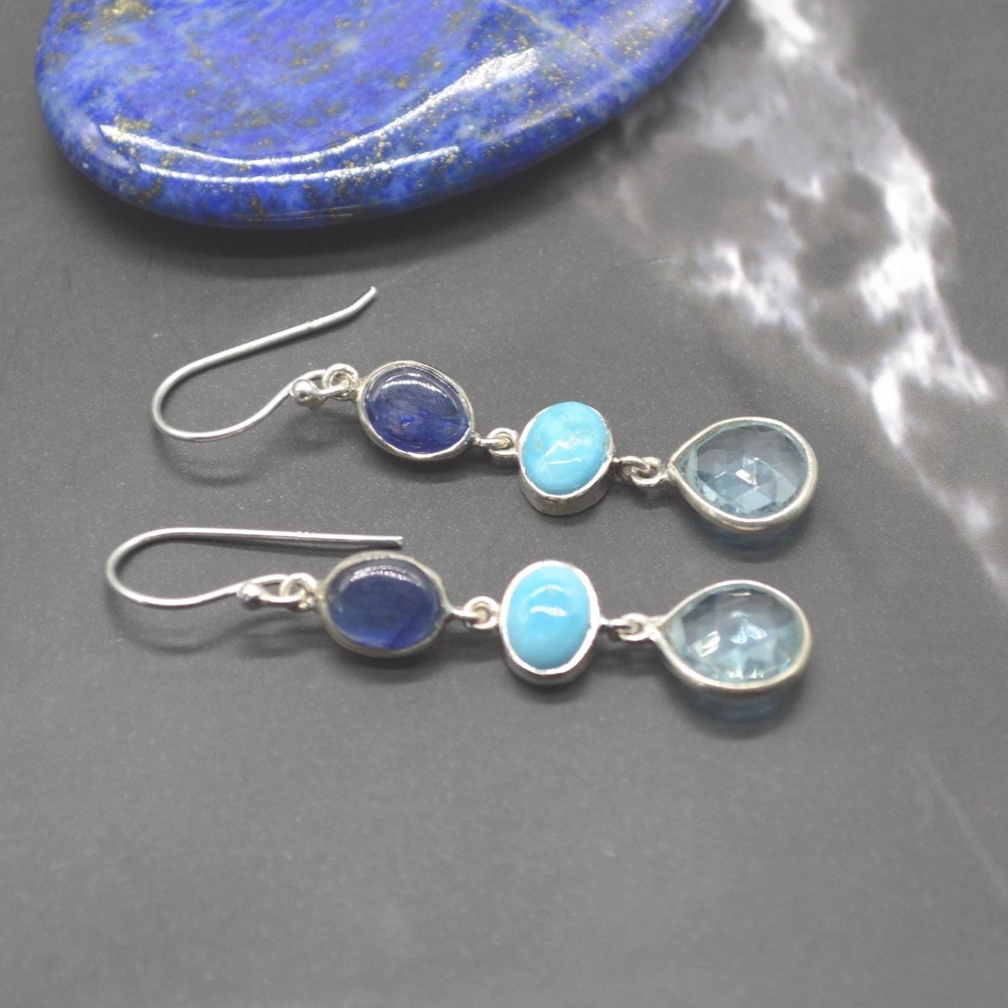 Blue Topaz, Turquoise, Sapphire Earrings: Sterling Silver, September Decemer Birthstone Jewelry