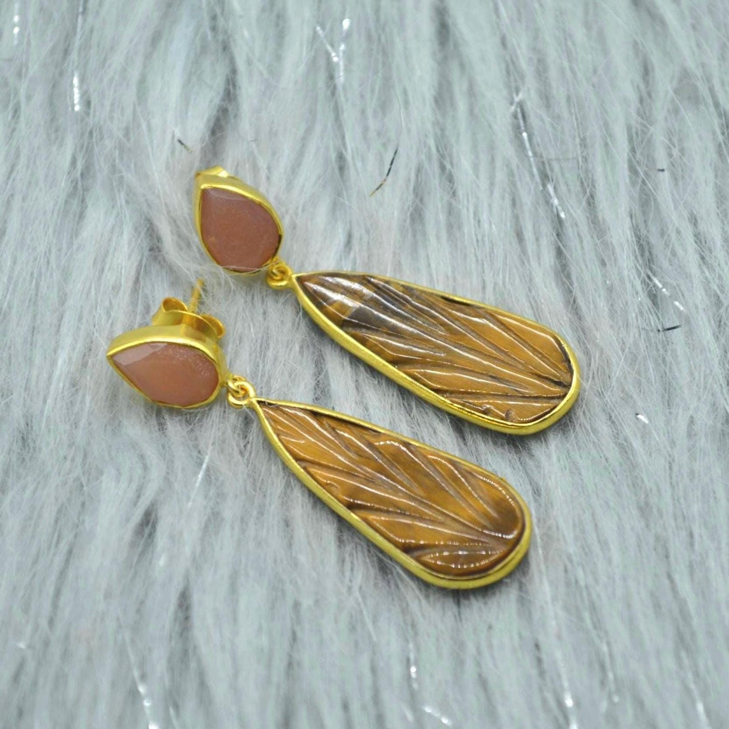 Peach Moonstone Tigers Eye Earrings: Sterling Silver, Gold Earrings, Yellow Brown Teardrop Gemstone