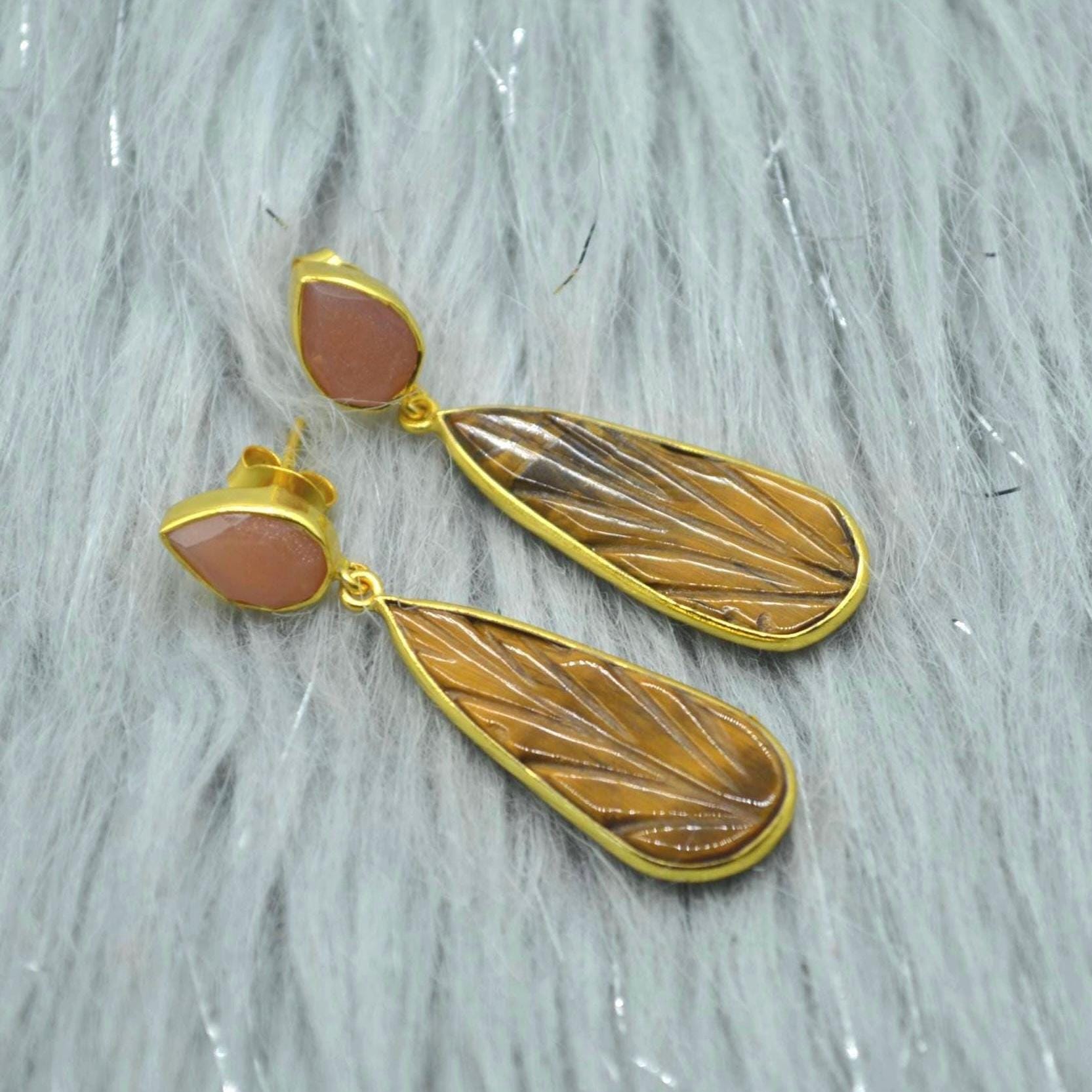 Peach Moonstone Tigers Eye Earrings: Sterling Silver, Gold Earrings, Yellow Brown Teardrop Gemstone