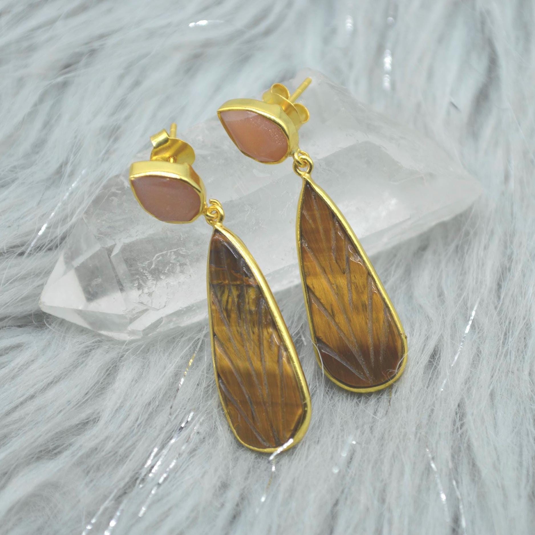 Peach Moonstone Tigers Eye Earrings: Sterling Silver, Gold Earrings, Yellow Brown Teardrop Gemstone