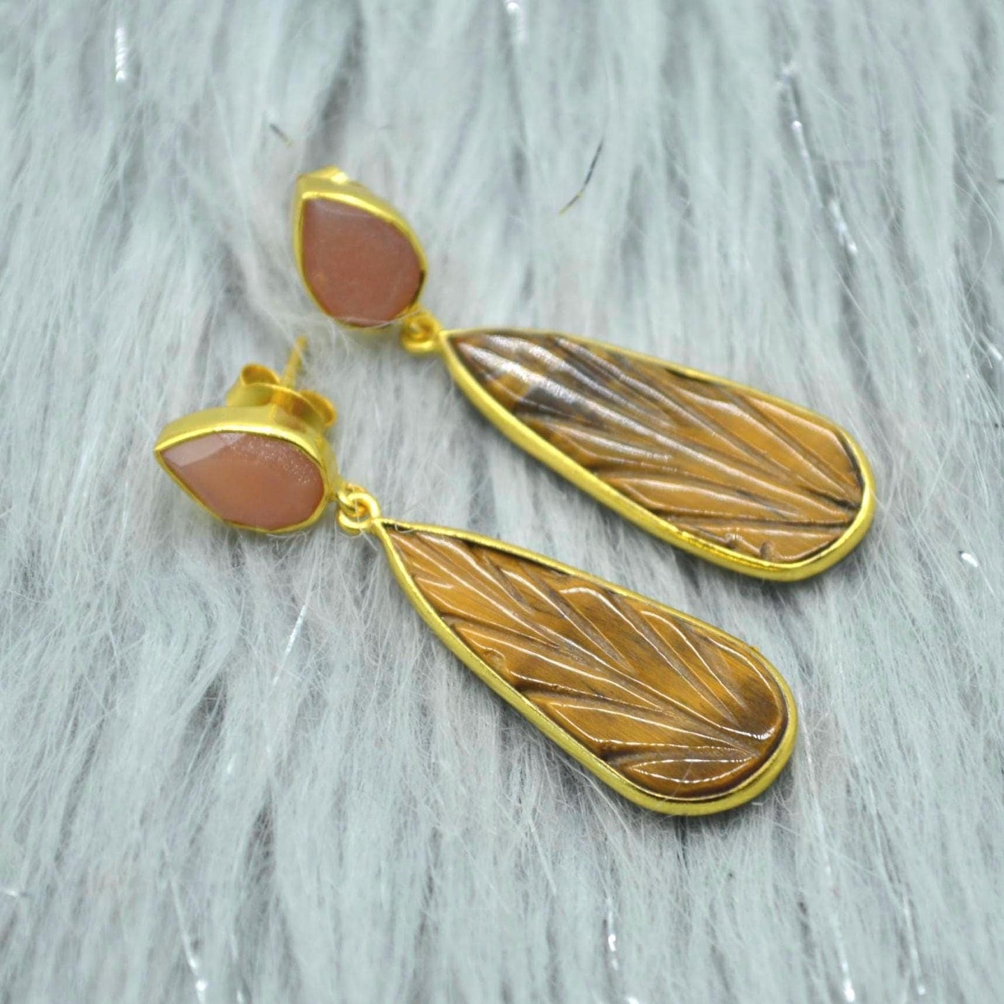 Peach Moonstone Tigers Eye Earrings: Sterling Silver, Gold Earrings, Yellow Brown Teardrop Gemstone