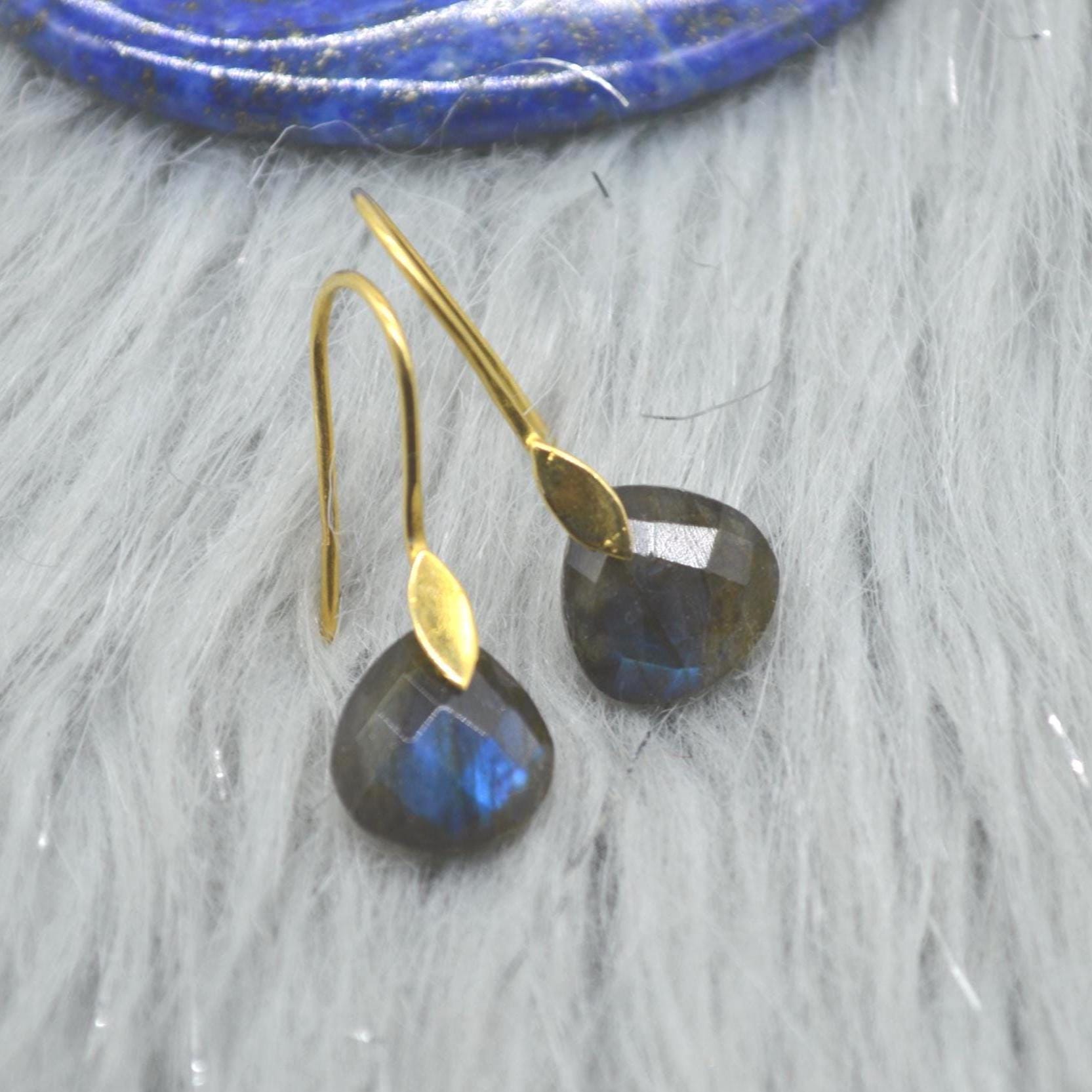 Moonstone or Labradorite Gold Earrings: Sterling Silver, Teardrop, Dangle Drop