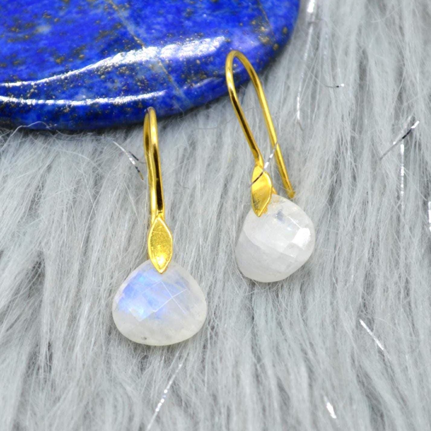 Moonstone or Labradorite Gold Earrings: Sterling Silver, Teardrop, Dangle Drop