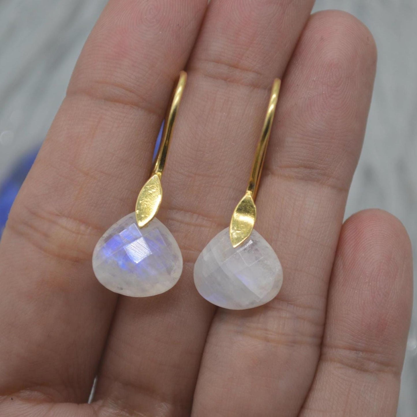 Moonstone or Labradorite Gold Earrings: Sterling Silver, Teardrop, Dangle Drop