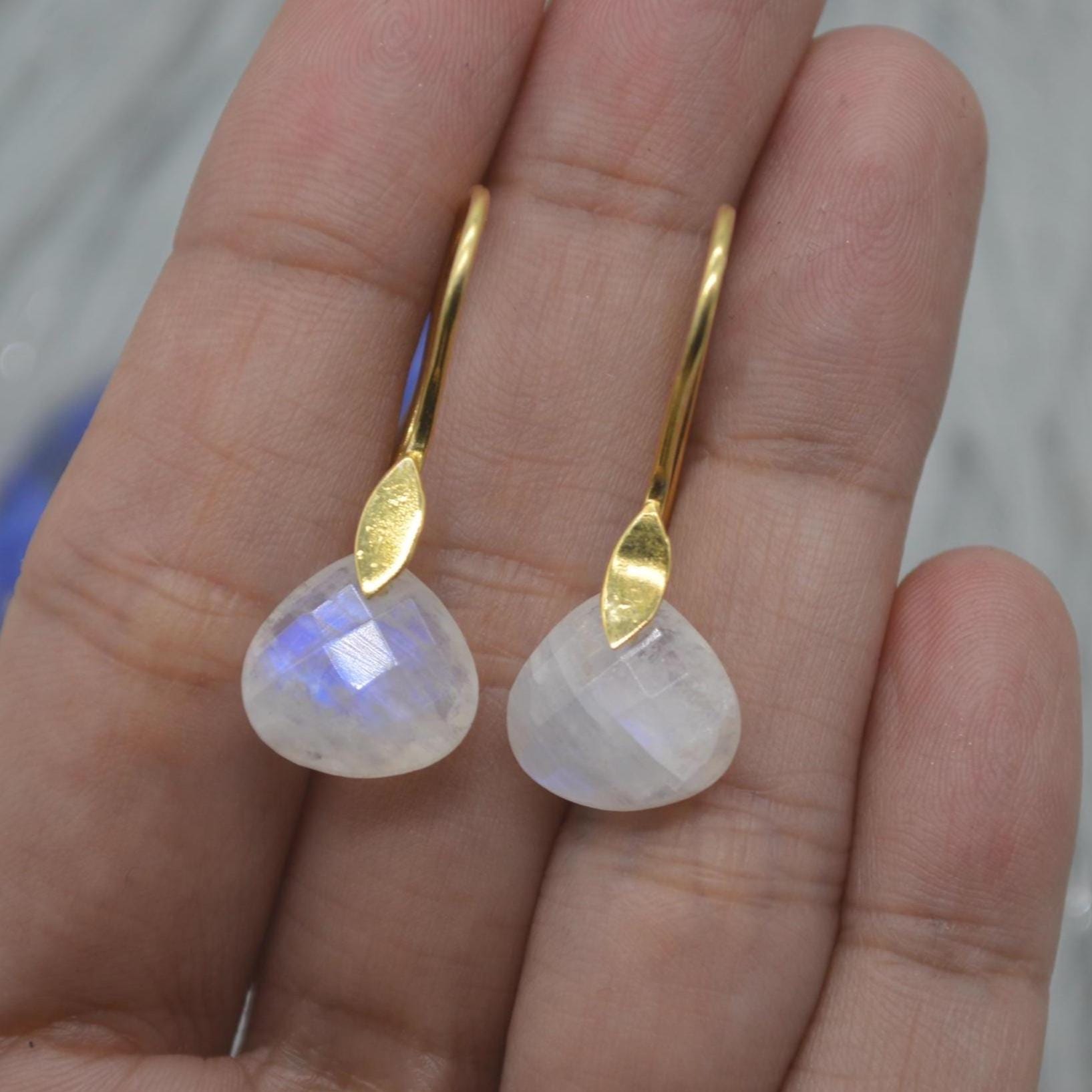 Moonstone or Labradorite Gold Earrings: Sterling Silver, Teardrop, Dangle Drop