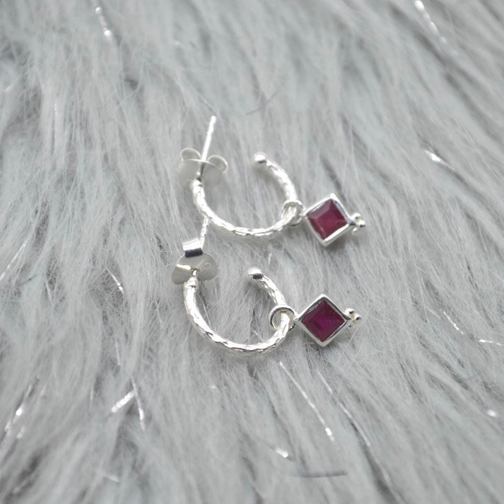 Ruby Hoop Earrings: Sterling Silver or Gold, July Birthstone, Red Gemstone