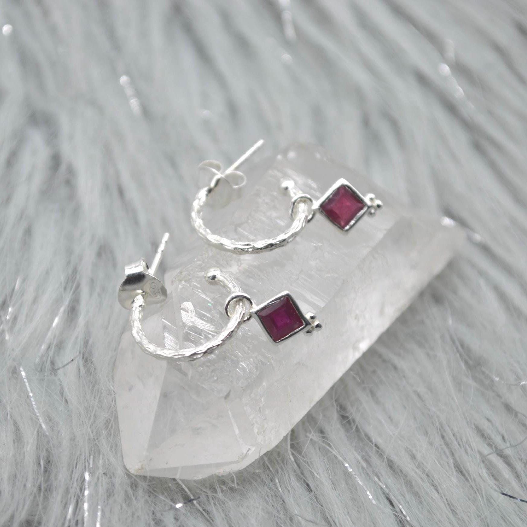 Ruby Hoop Earrings: Sterling Silver or Gold, July Birthstone, Red Gemstone