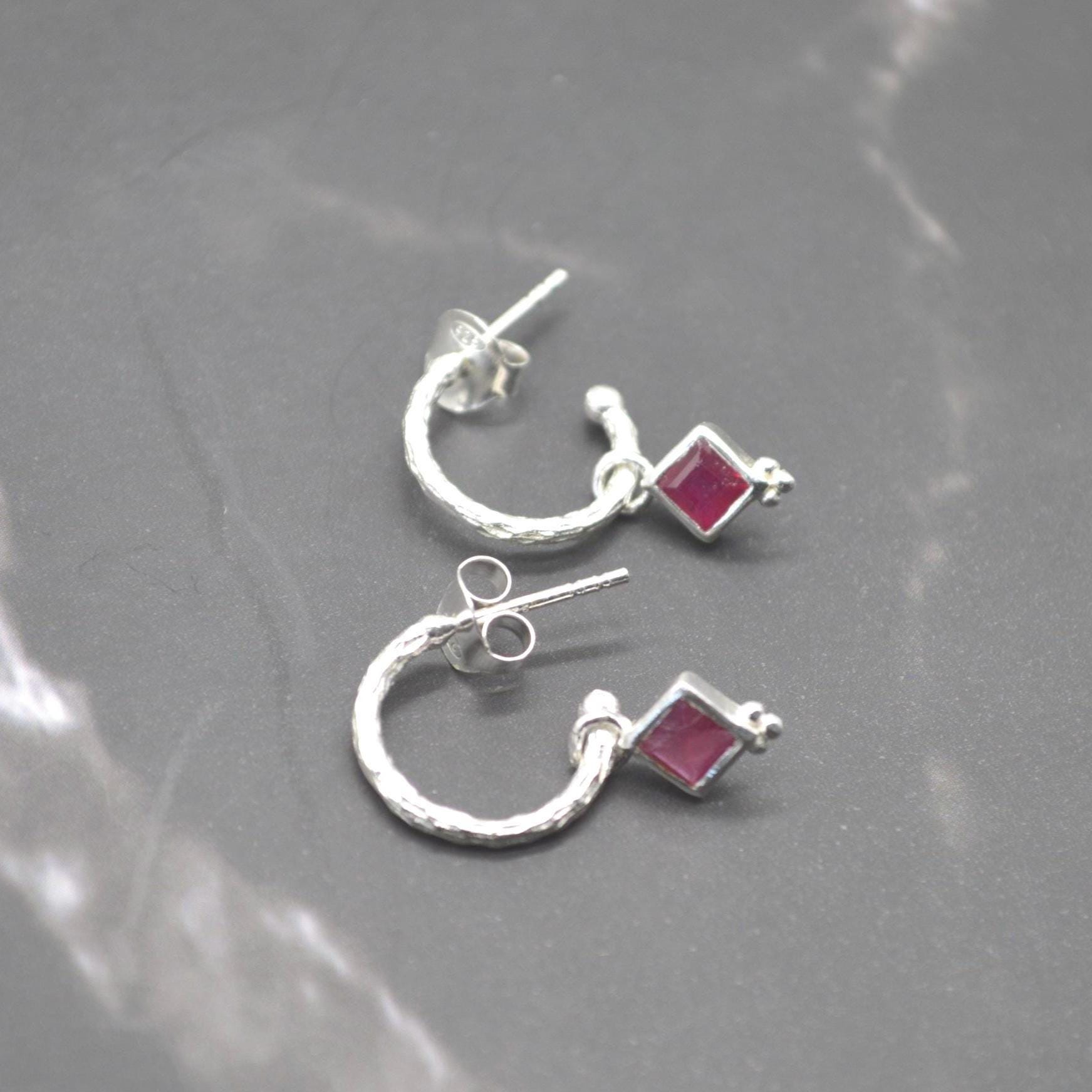 Ruby Hoop Earrings: Sterling Silver or Gold, July Birthstone, Red Gemstone