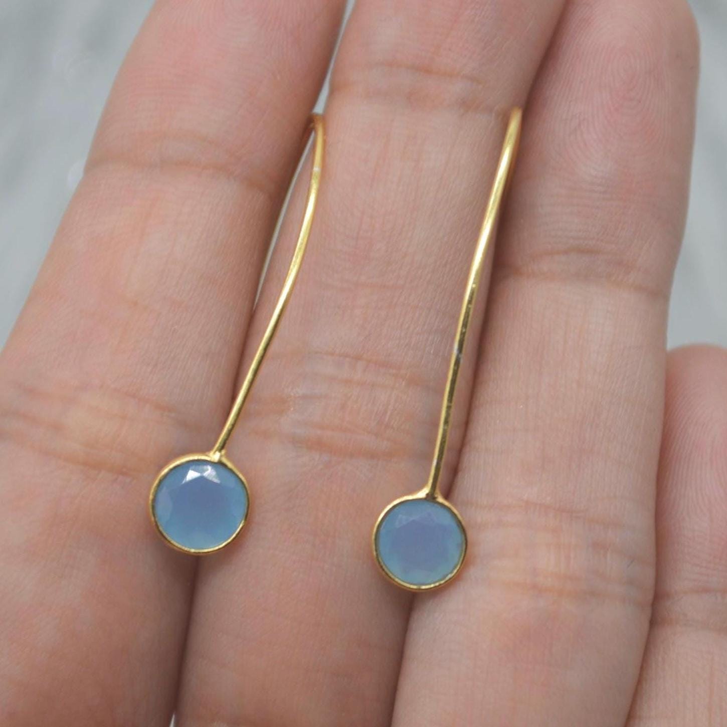 Chalcedony Earings: Gold Plated Silver, Pink, Orange, Yellow or Blue, Dangle Drop