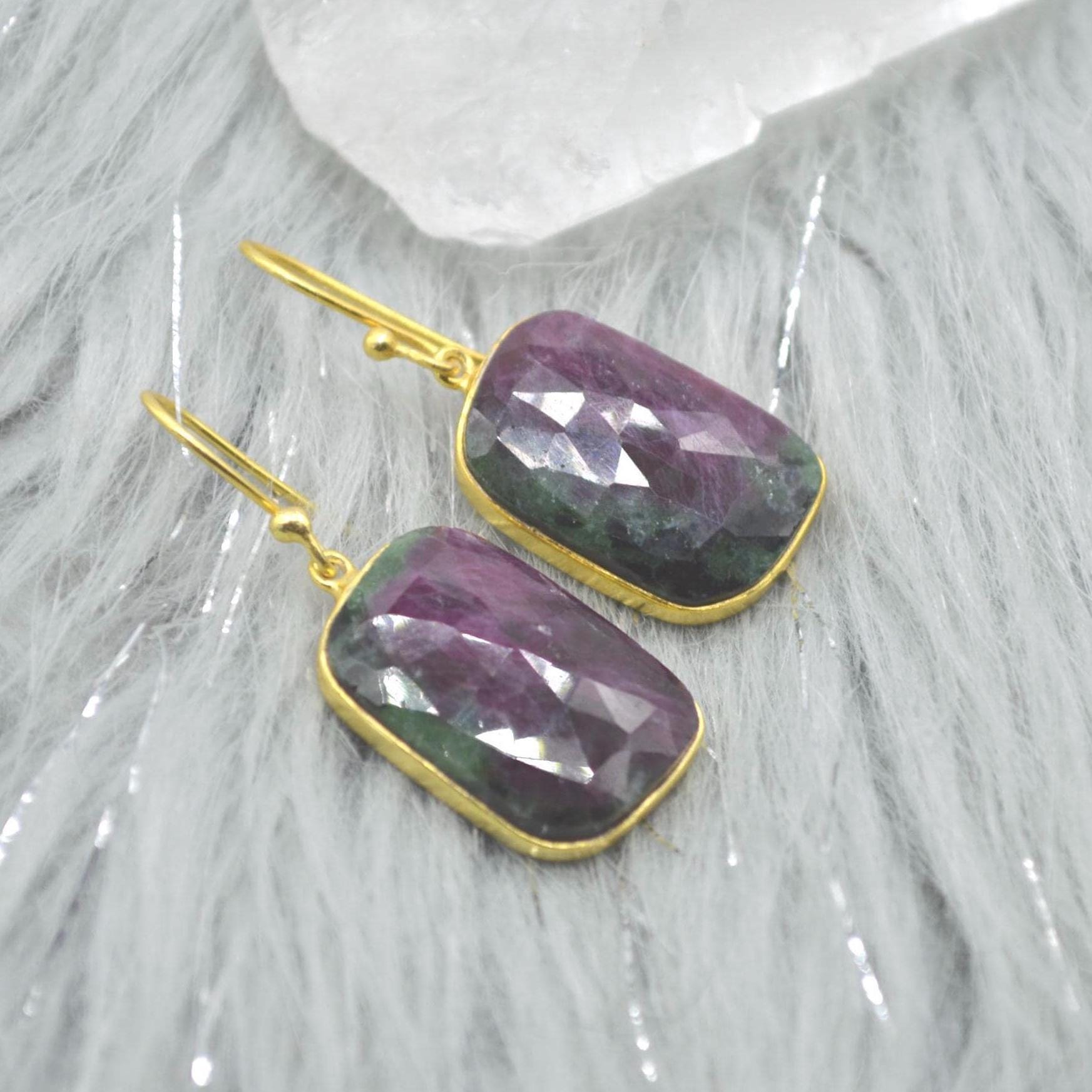 Ruby Zoisite Earrings: Gold Plated Silver, Anyolite, Teardrop or Rectangular Dangle Drop