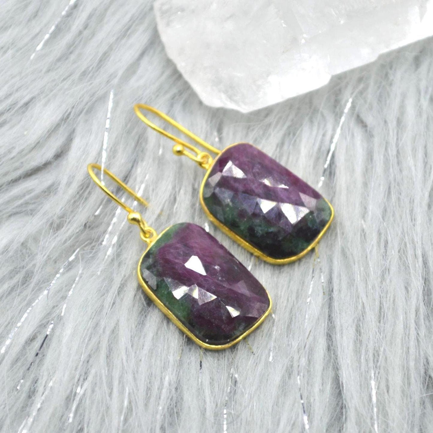 Ruby Zoisite Earrings: Gold Plated Silver, Anyolite, Teardrop or Rectangular Dangle Drop