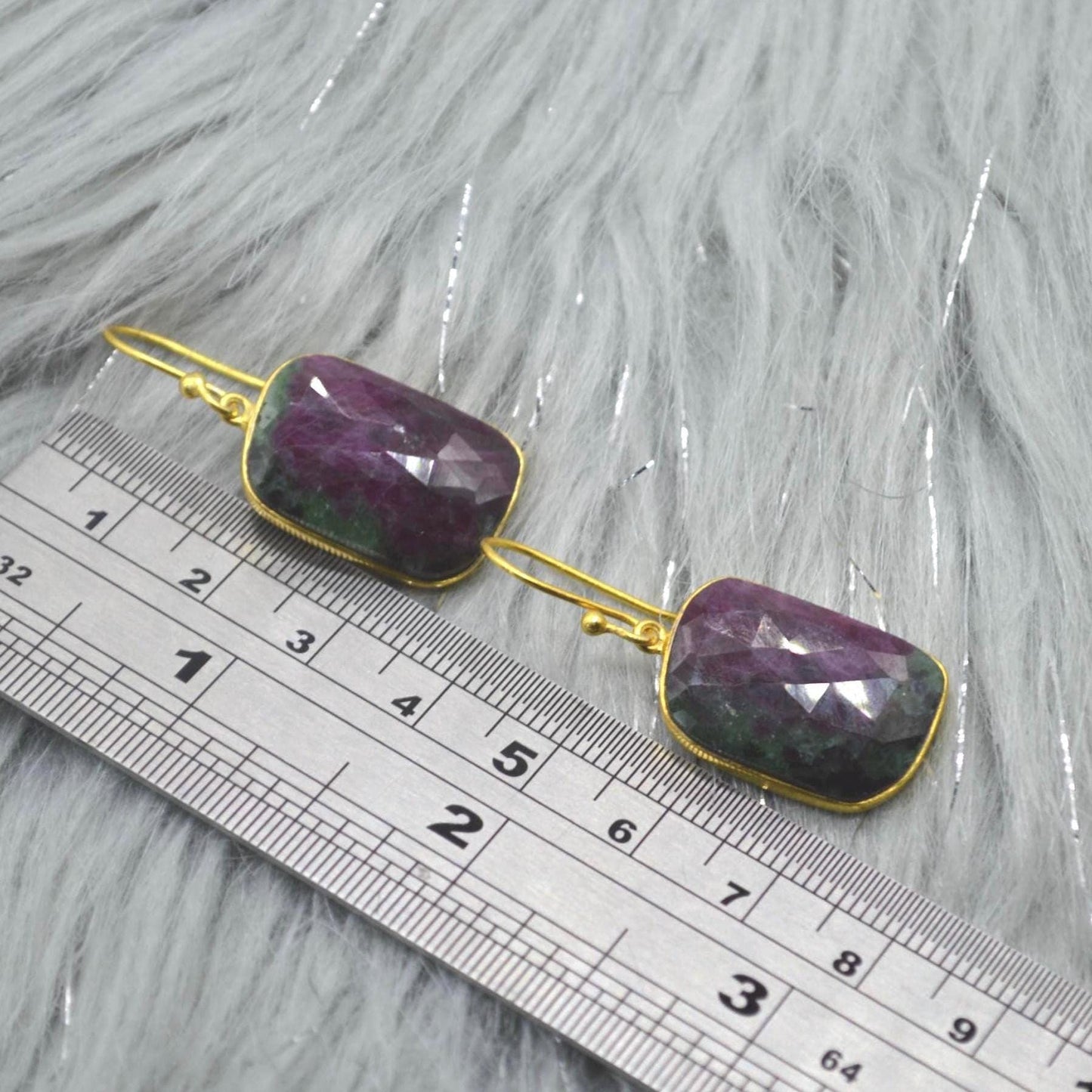 Ruby Zoisite Earrings: Gold Plated Silver, Anyolite, Teardrop or Rectangular Dangle Drop
