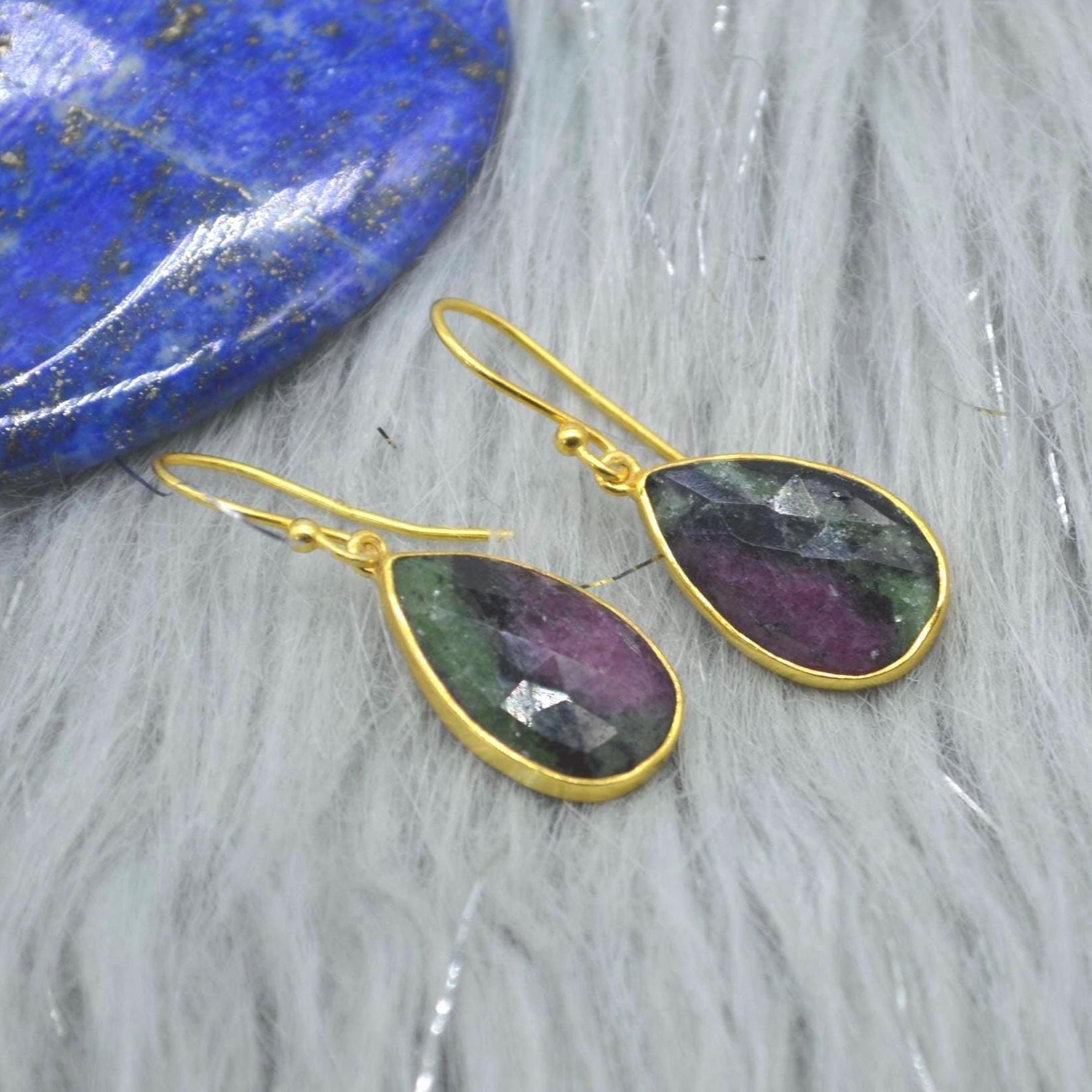 Ruby Zoisite Earrings: Gold Plated Silver, Anyolite, Teardrop or Rectangular Dangle Drop