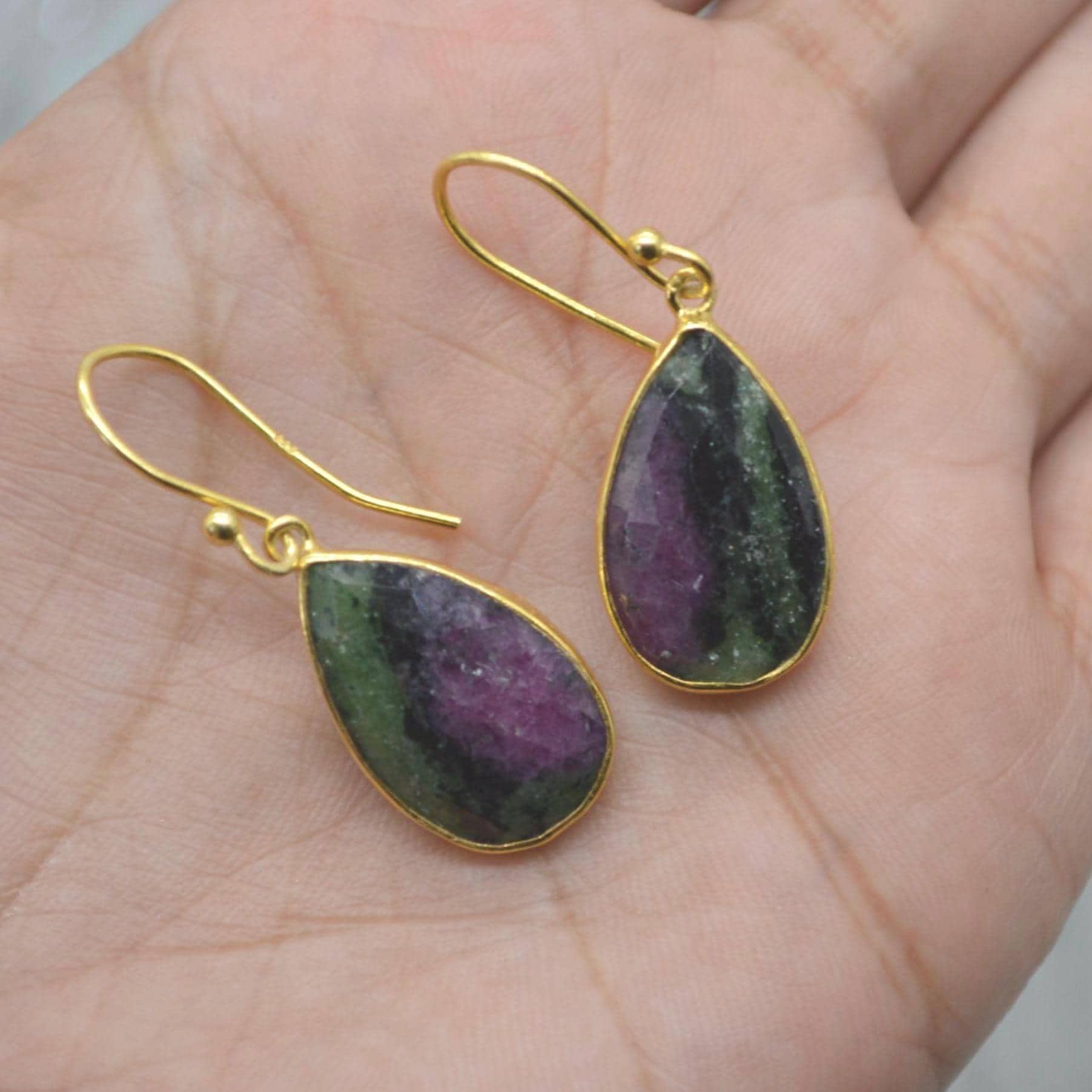 Ruby Zoisite Earrings: Gold Plated Silver, Anyolite, Teardrop or Rectangular Dangle Drop