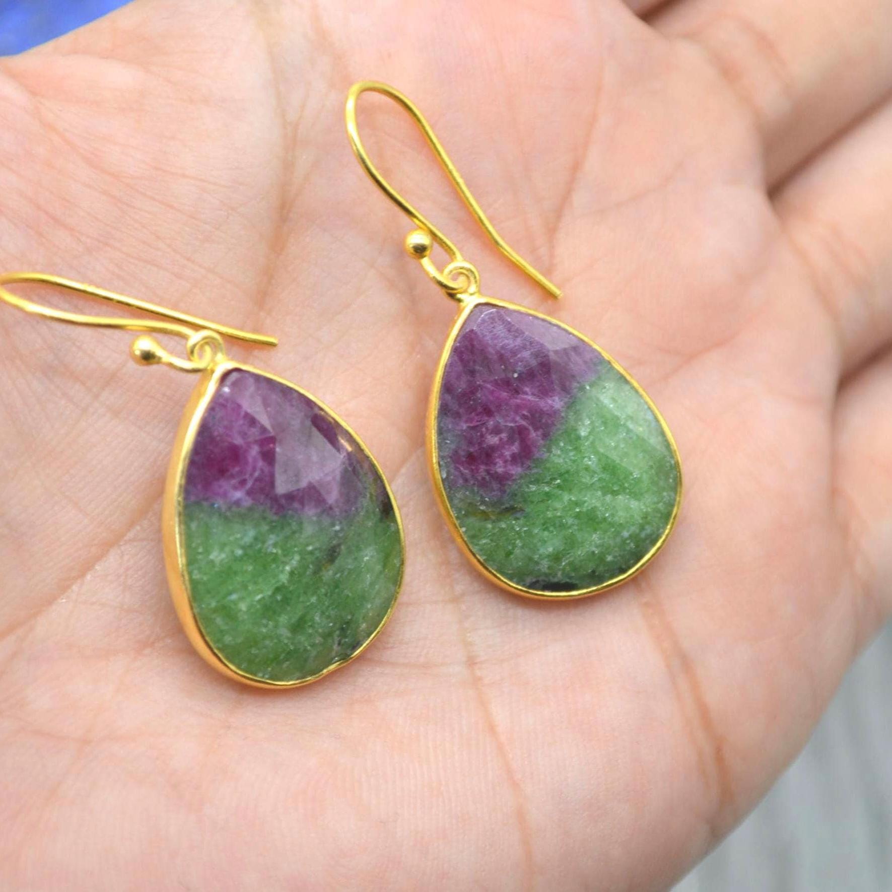 Ruby Zoisite Earrings: Gold Plated Silver, Anyolite, Teardrop or Rectangular Dangle Drop