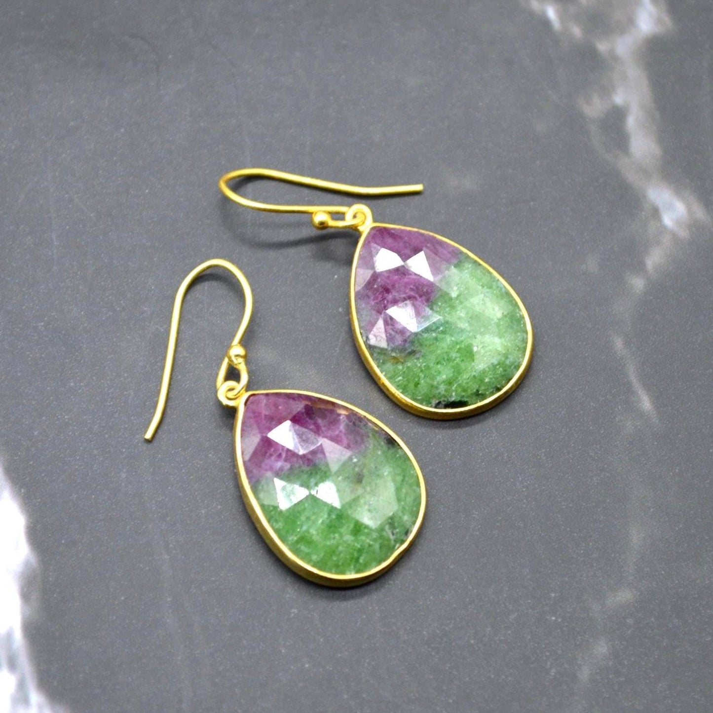 Ruby Zoisite Earrings: Gold Plated Silver, Anyolite, Teardrop or Rectangular Dangle Drop