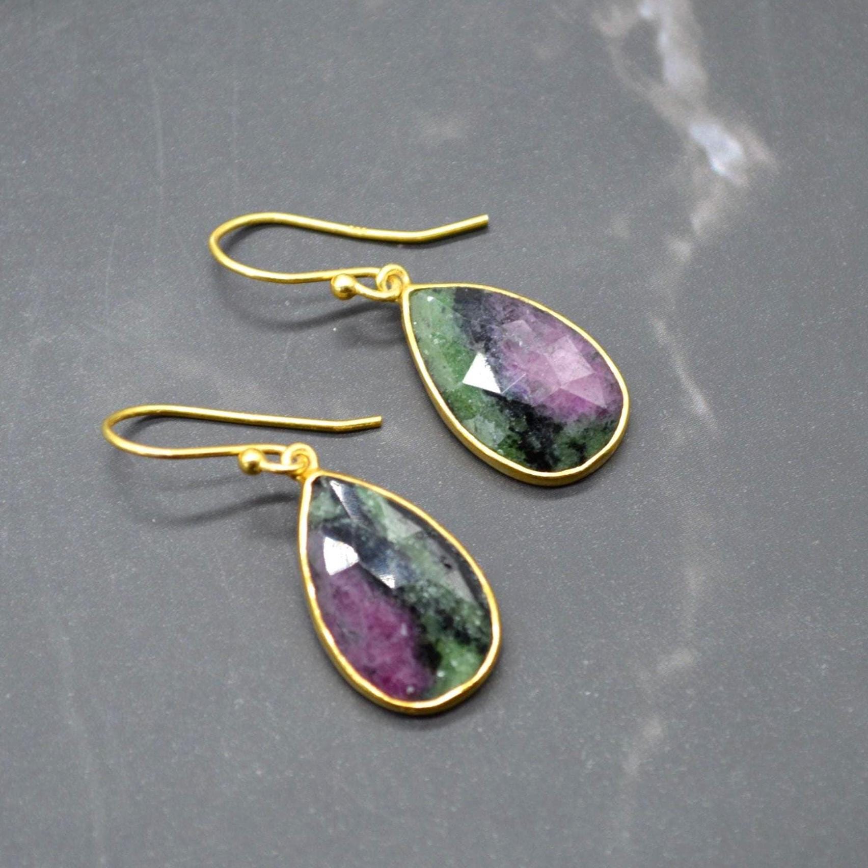 Ruby Zoisite Earrings: Gold Plated Silver, Anyolite, Teardrop or Rectangular Dangle Drop