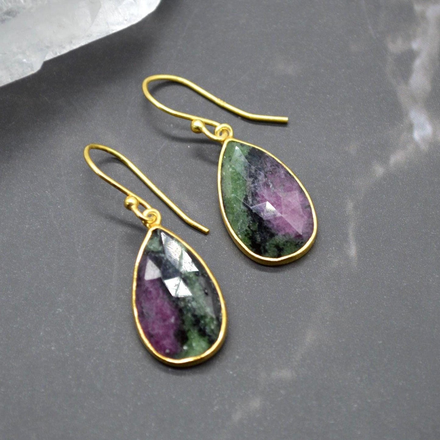 Ruby Zoisite Earrings: Gold Plated Silver, Anyolite, Teardrop or Rectangular Dangle Drop