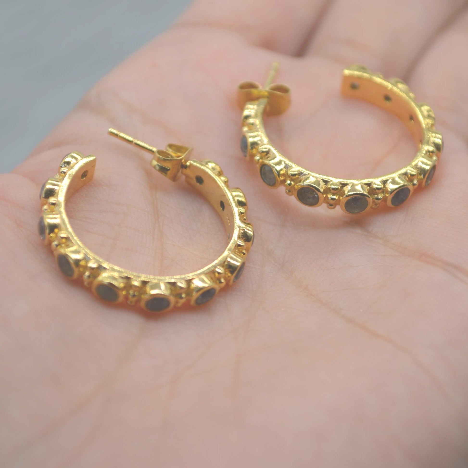 Labradorite Hoop Earrings: Silver or Gold, Blue Grey Gemstone Jewelry
