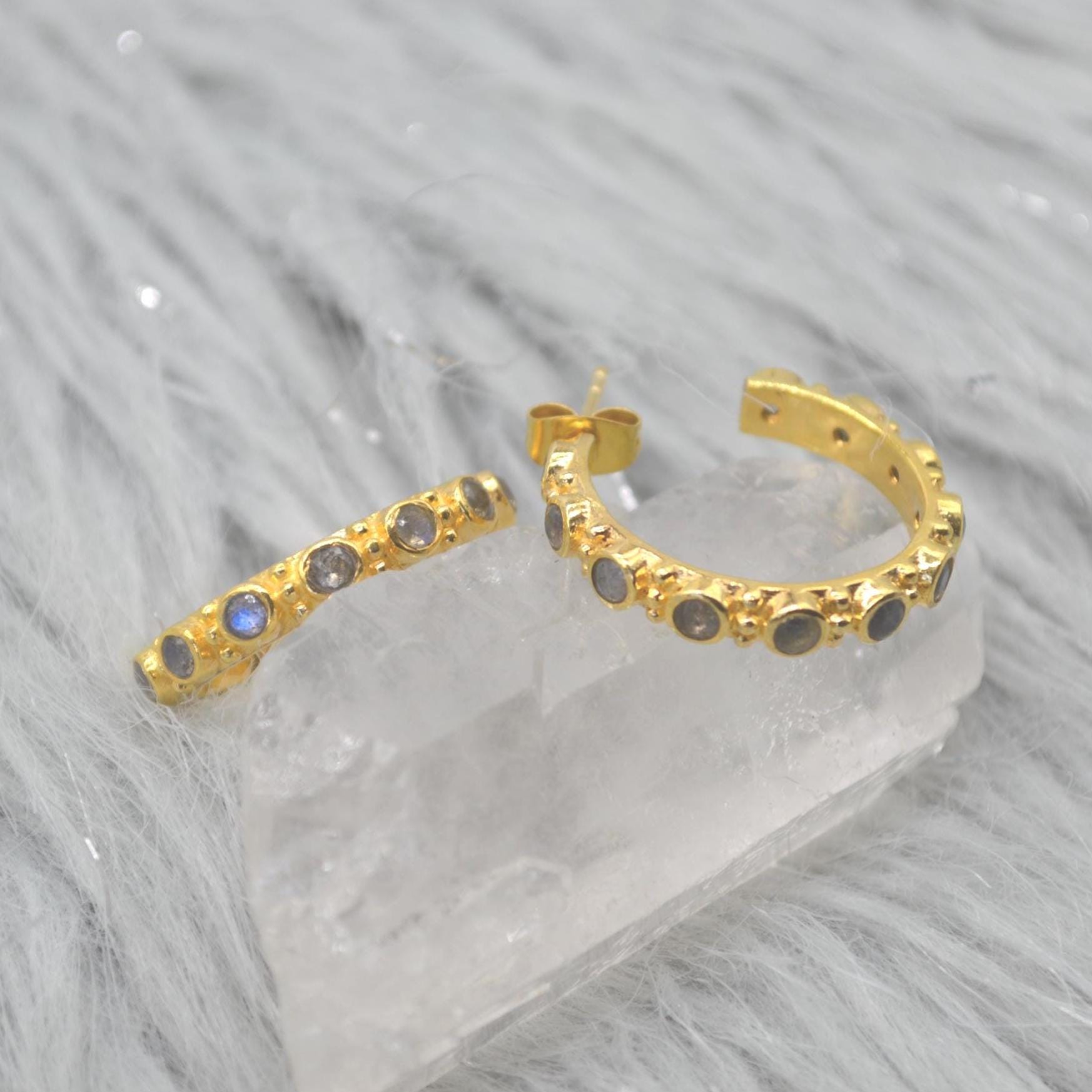 Labradorite Hoop Earrings: Silver or Gold, Blue Grey Gemstone Jewelry