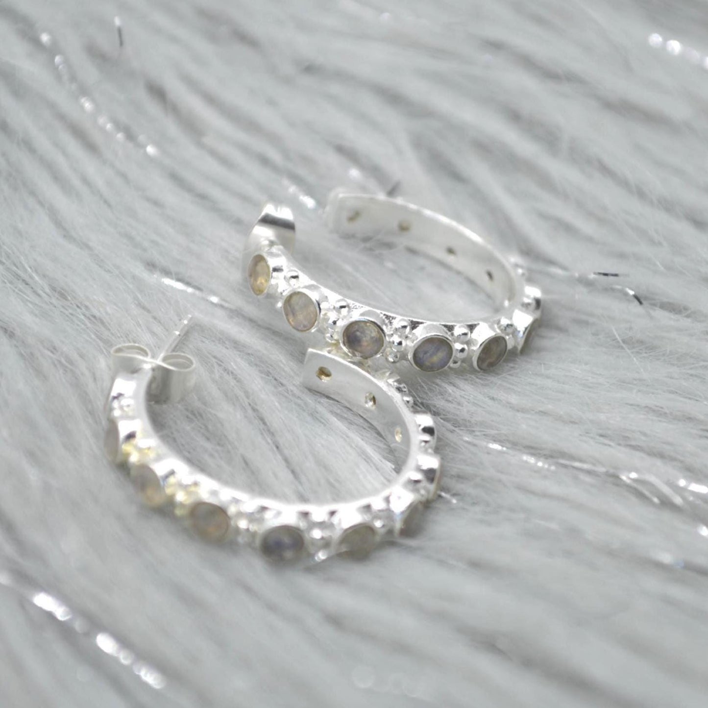 Labradorite Hoop Earrings: Silver or Gold, Blue Grey Gemstone Jewelry