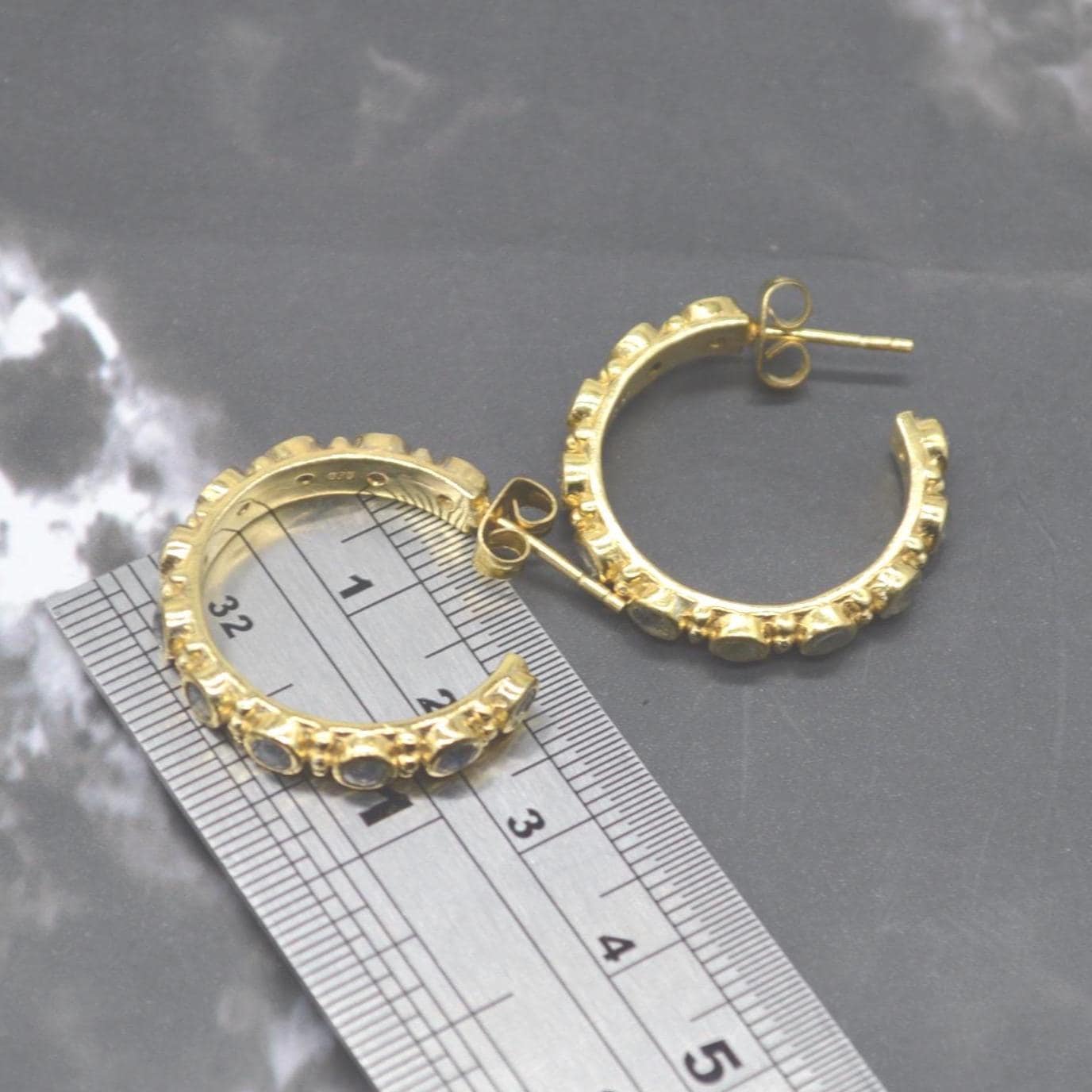 Labradorite Hoop Earrings: Silver or Gold, Blue Grey Gemstone Jewelry
