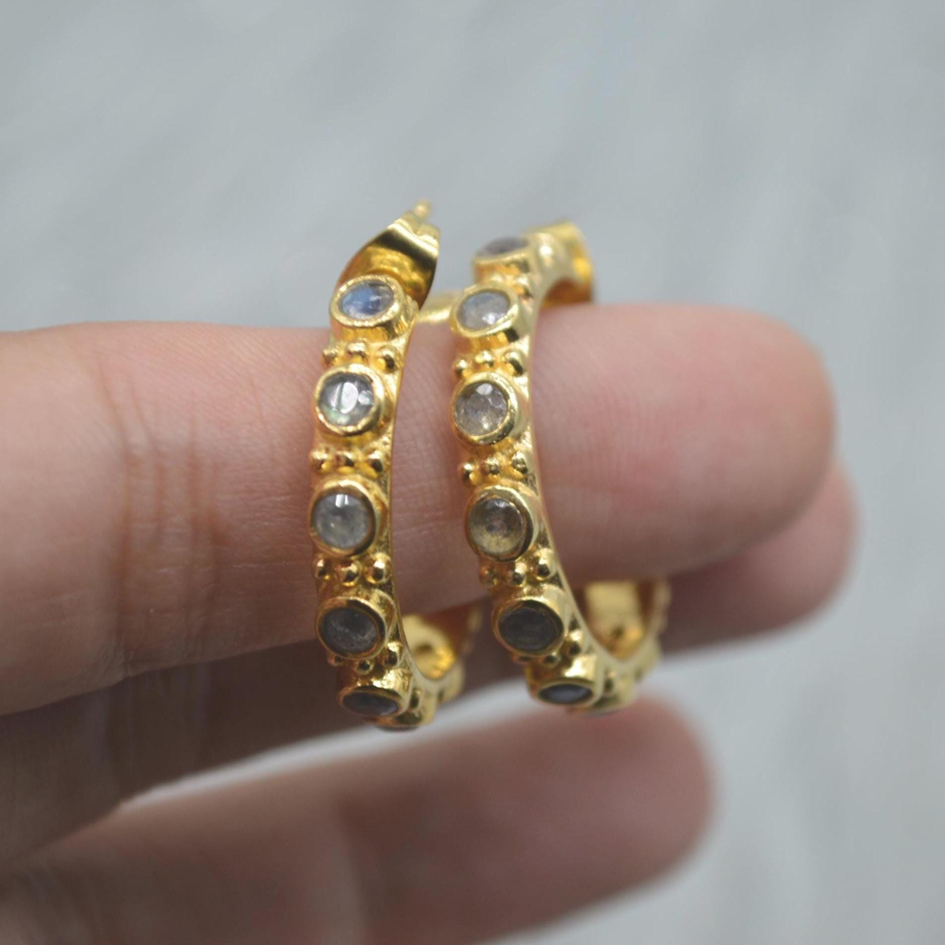 Labradorite Hoop Earrings: Silver or Gold, Blue Grey Gemstone Jewelry