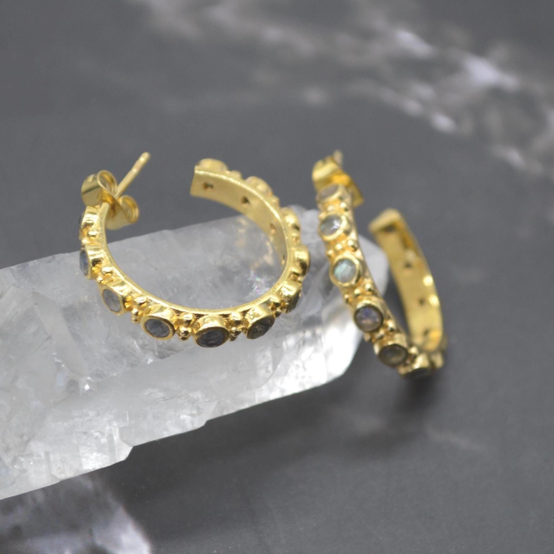 Labradorite Hoop Earrings: Silver or Gold, Blue Grey Gemstone Jewelry