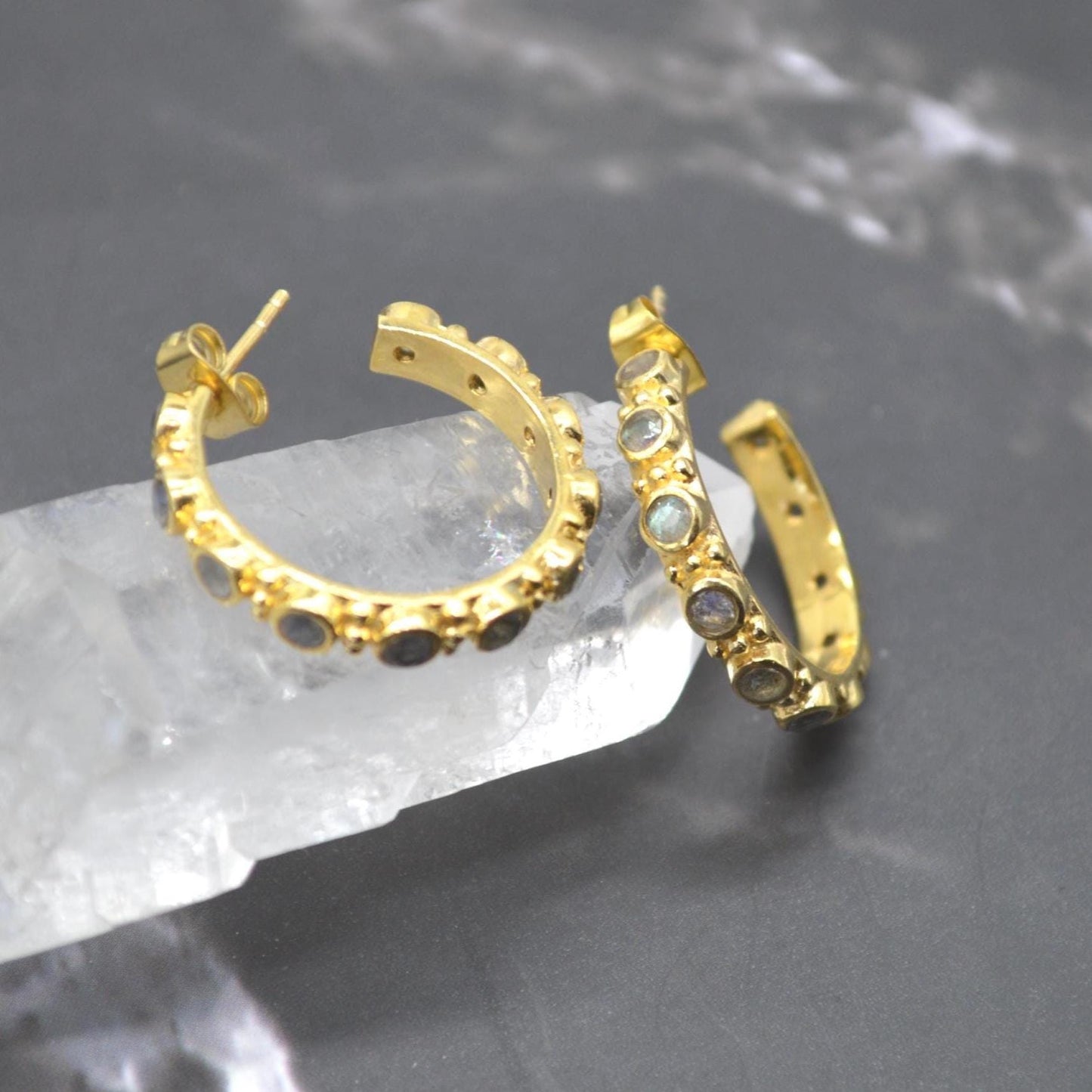 Labradorite Hoop Earrings: Silver or Gold, Blue Grey Gemstone Jewelry