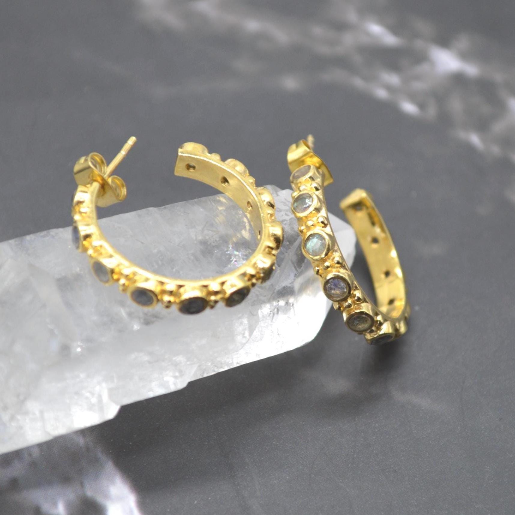 Labradorite Hoop Earrings: Silver or Gold, Blue Grey Gemstone Jewelry