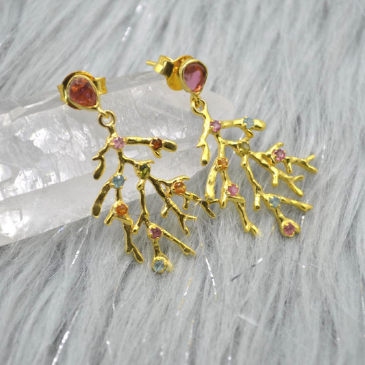 Green Pink Tourmaline Earrings: Gold Plated Sterling Silver, October Birthstone Jewelry