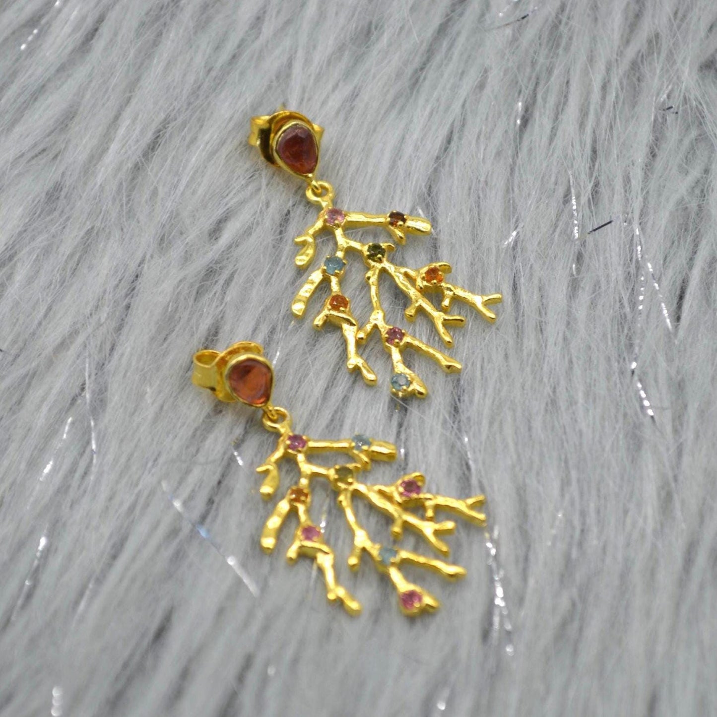 Green Pink Tourmaline Earrings: Gold Plated Sterling Silver, October Birthstone Jewelry