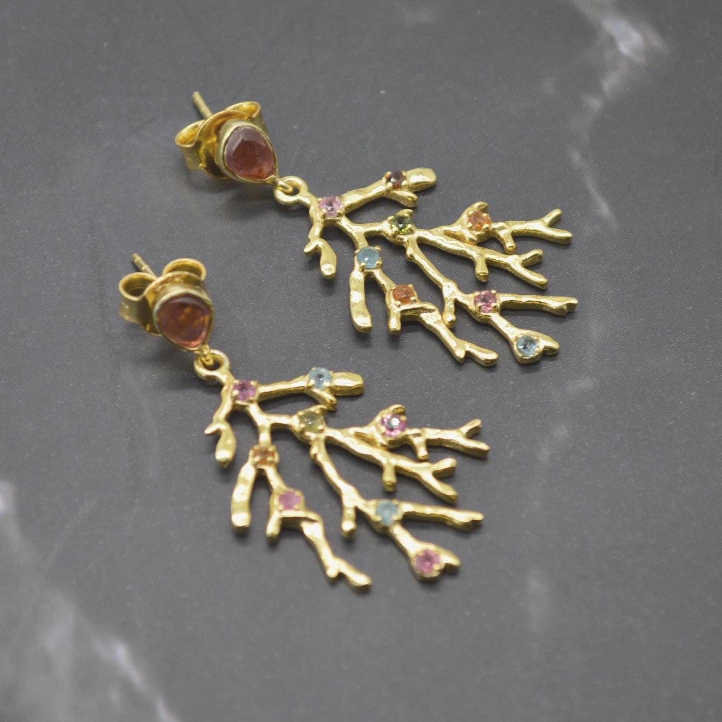 Green Pink Tourmaline Earrings: Gold Plated Sterling Silver, October Birthstone Jewelry