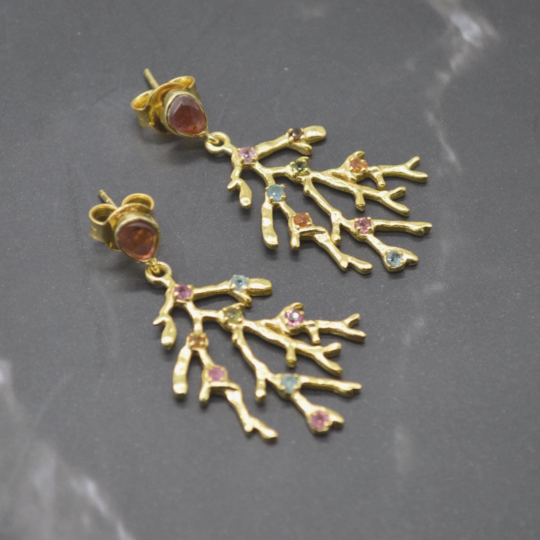 Green Pink Tourmaline Earrings: Gold Plated Sterling Silver, October Birthstone Jewelry