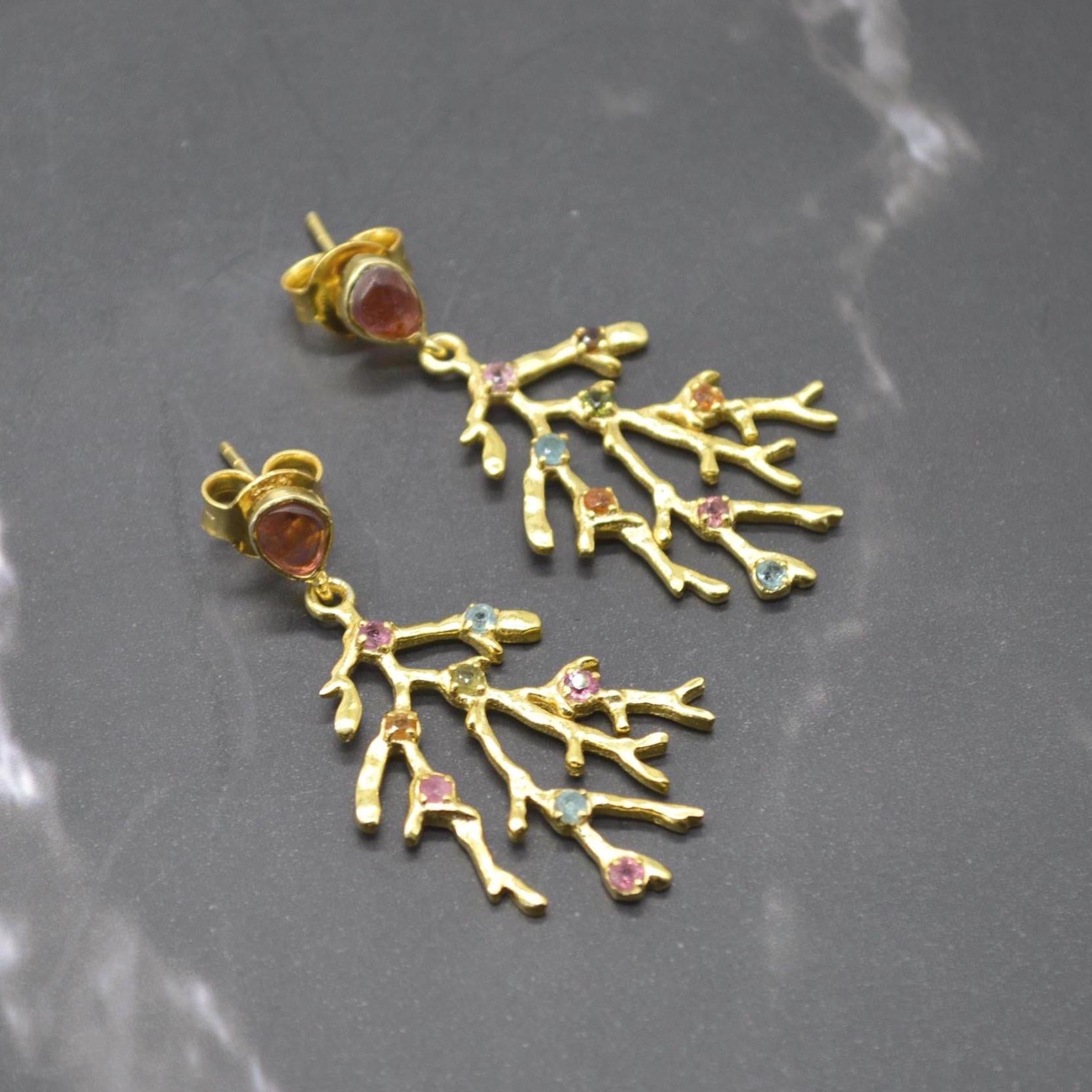Green Pink Tourmaline Earrings: Gold Plated Sterling Silver, October Birthstone Jewelry