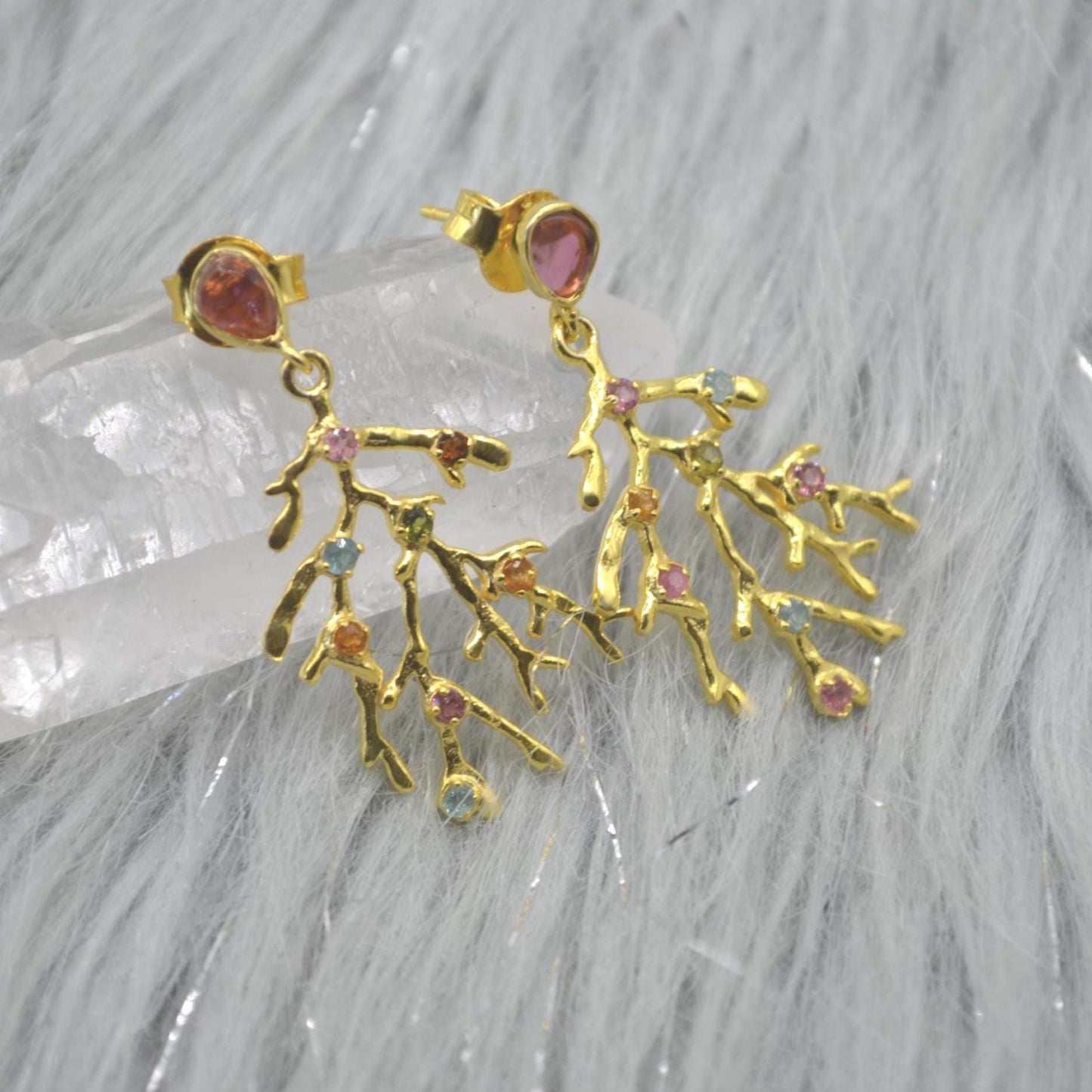 Green Pink Tourmaline Earrings: Gold Plated Sterling Silver, October Birthstone Jewelry