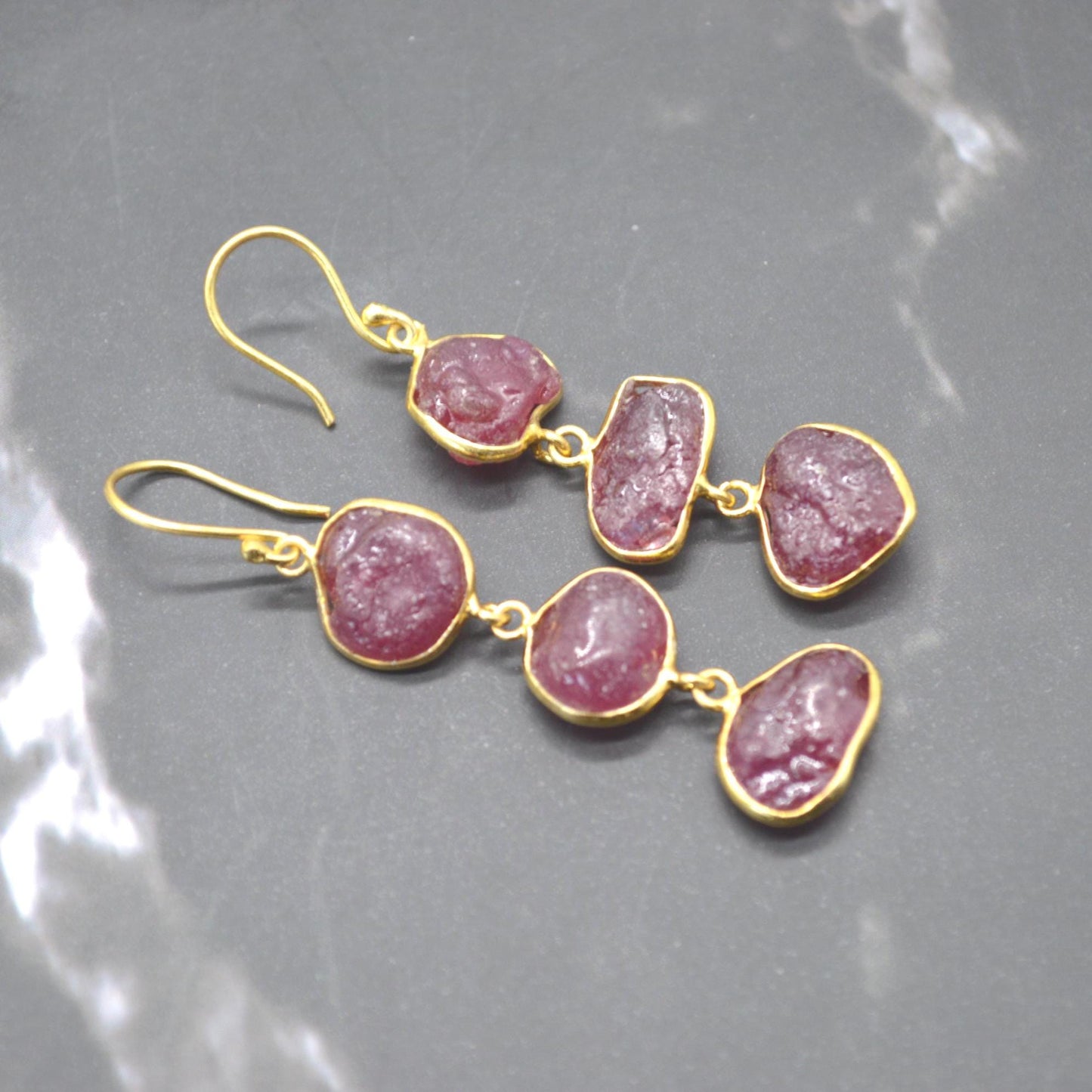 Red Raw Ruby Earrings: Gold Plated Silver, Gemstone Jewelry, July Birthstone