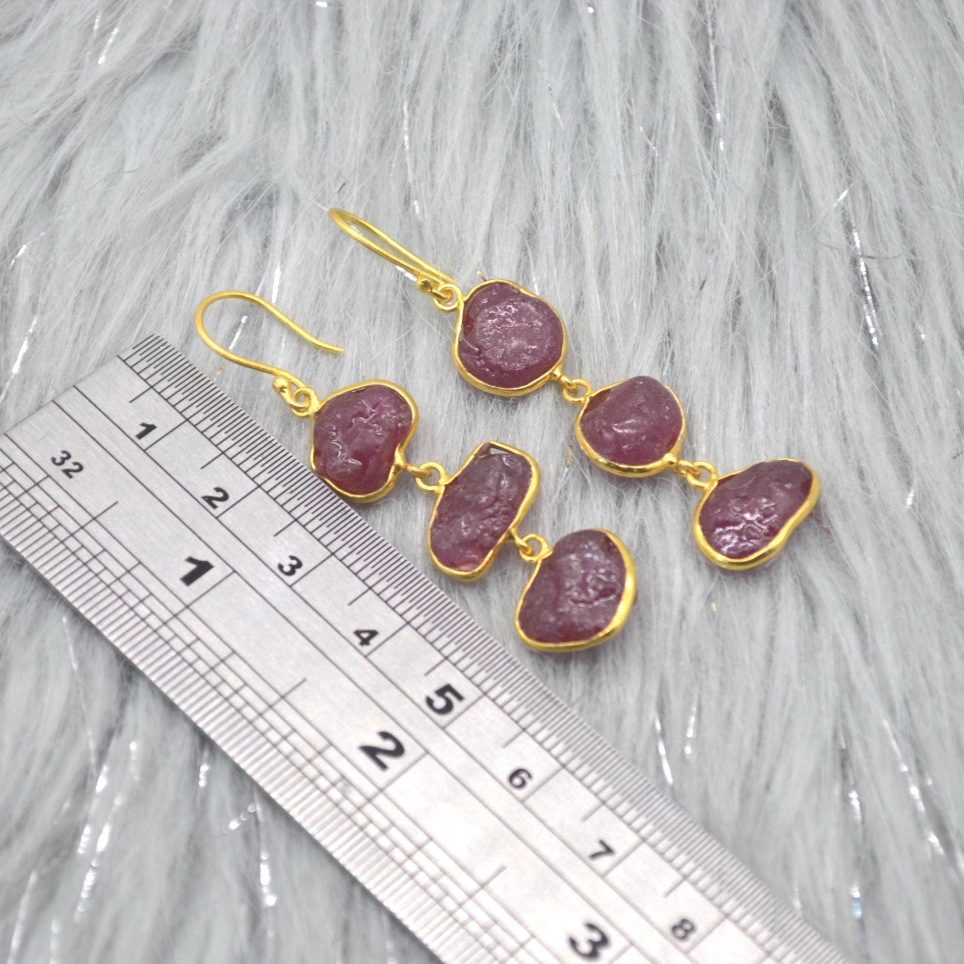 Red Raw Ruby Earrings: Gold Plated Silver, Gemstone Jewelry, July Birthstone