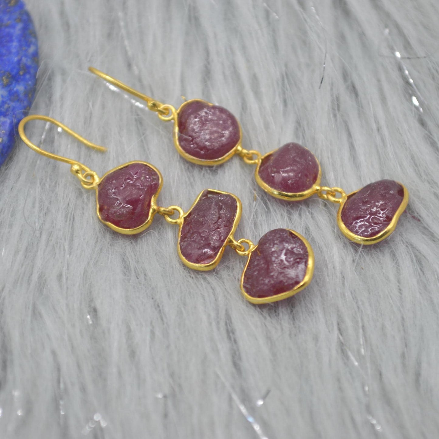 Red Raw Ruby Earrings: Gold Plated Silver, Gemstone Jewelry, July Birthstone