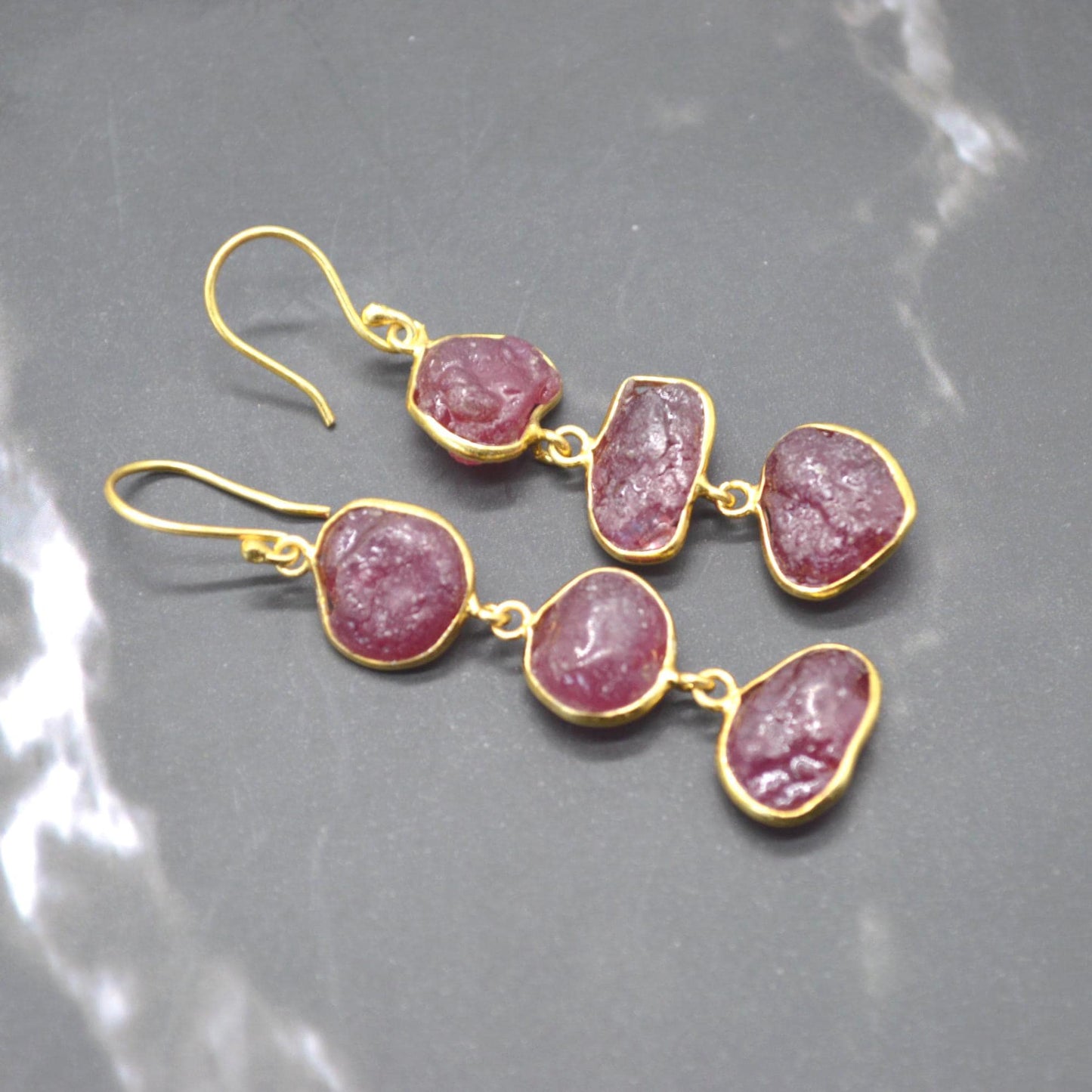 Red Raw Ruby Earrings: Gold Plated Silver, Gemstone Jewelry, July Birthstone