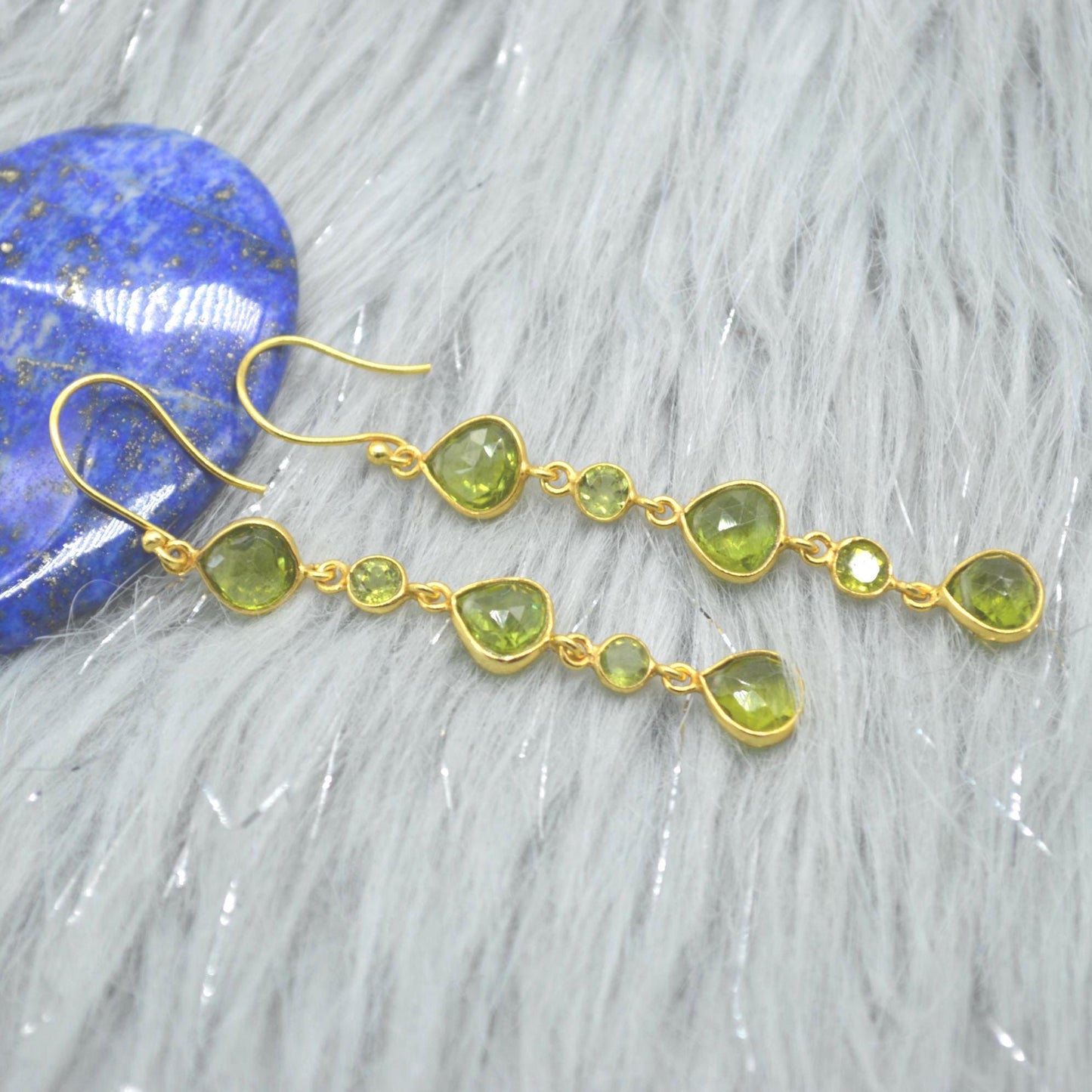 Long Green Peridot Earrings: Gold Plated Silver, Dangle Drop, Teardrop, August Birthstone