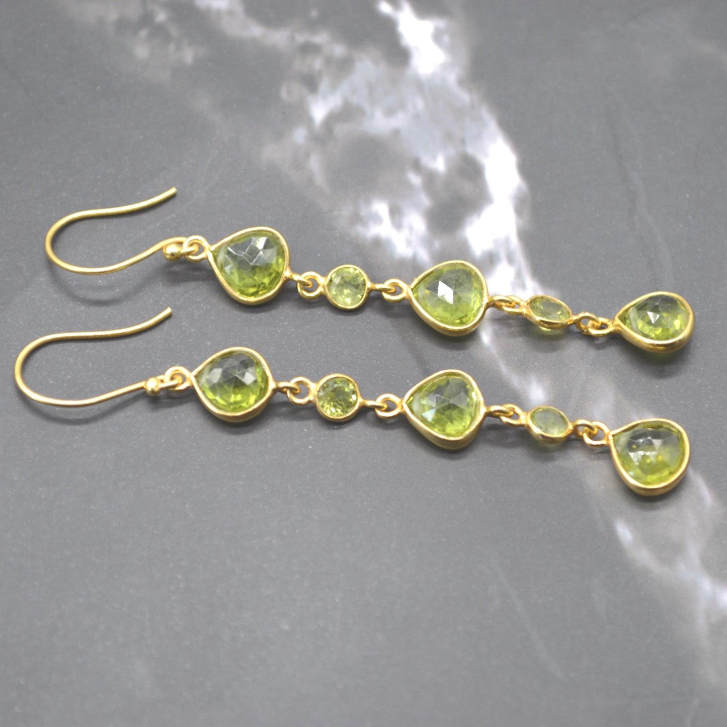 Long Green Peridot Earrings: Gold Plated Silver, Dangle Drop, Teardrop, August Birthstone