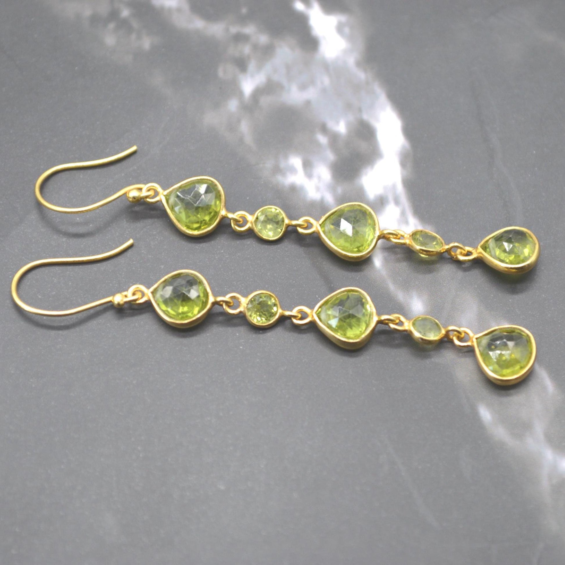 Long Green Peridot Earrings: Gold Plated Silver, Dangle Drop, Teardrop, August Birthstone