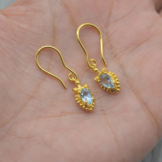 Blue Topaz Dangle Earrings: Silver or Gold, Floral Drops, December Birthstone